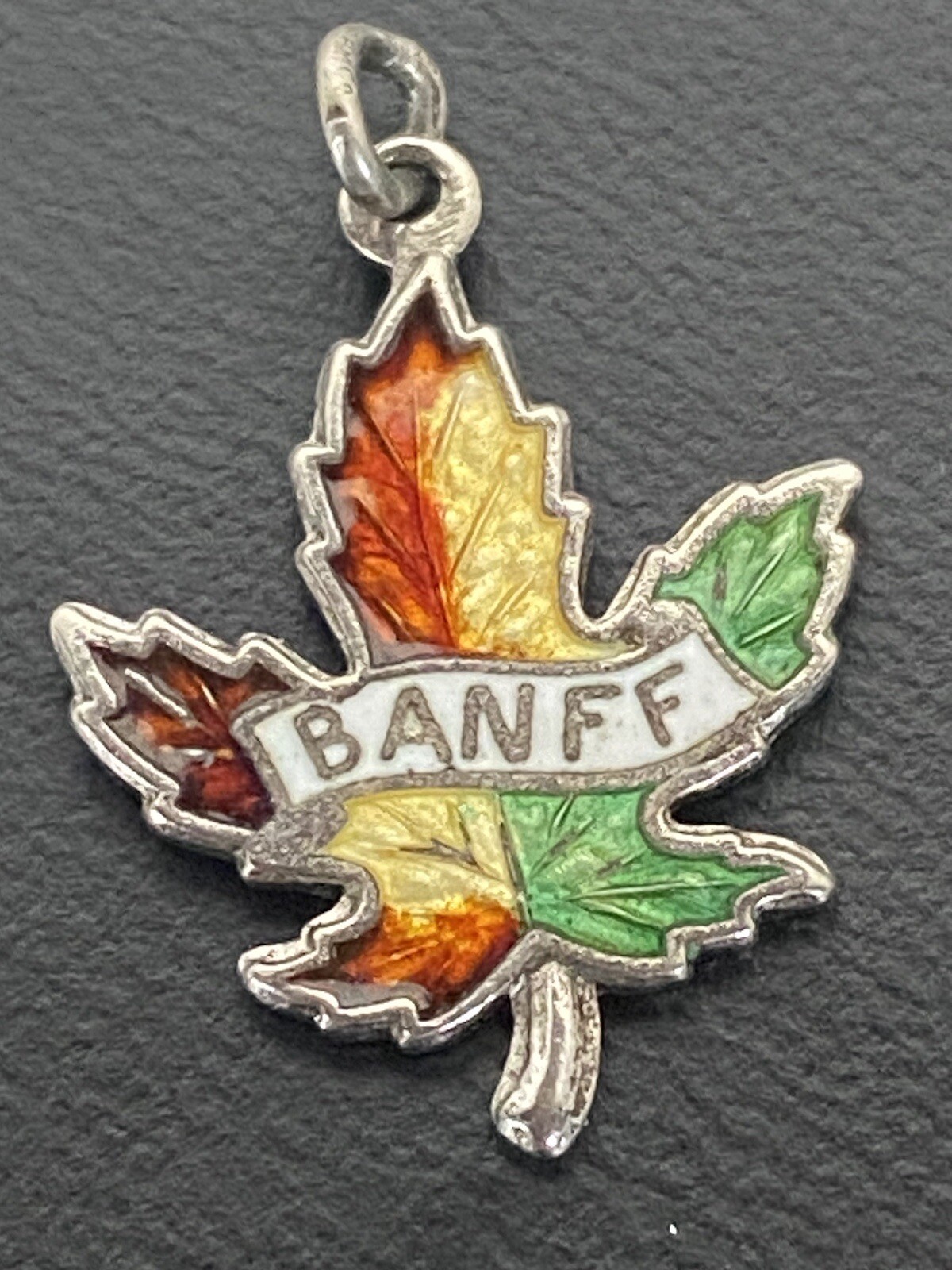 VIntage Sterling Slver Charm Bamff Canada Souvenir Enamel Maple Leaf BM co
