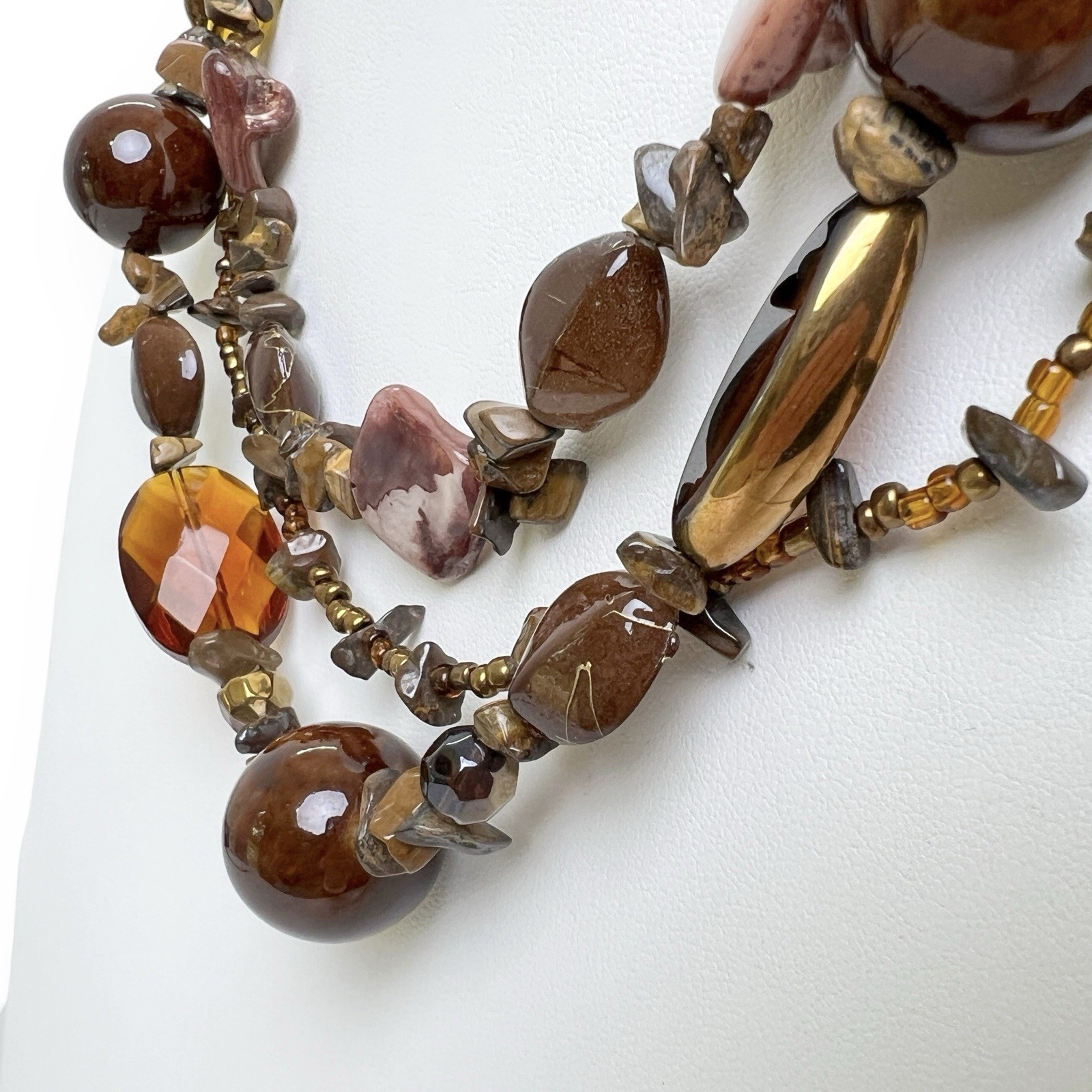 Multi Strand Beaded Necklace Earthy Natural Shell Glass Statement Boho Chic Vtg