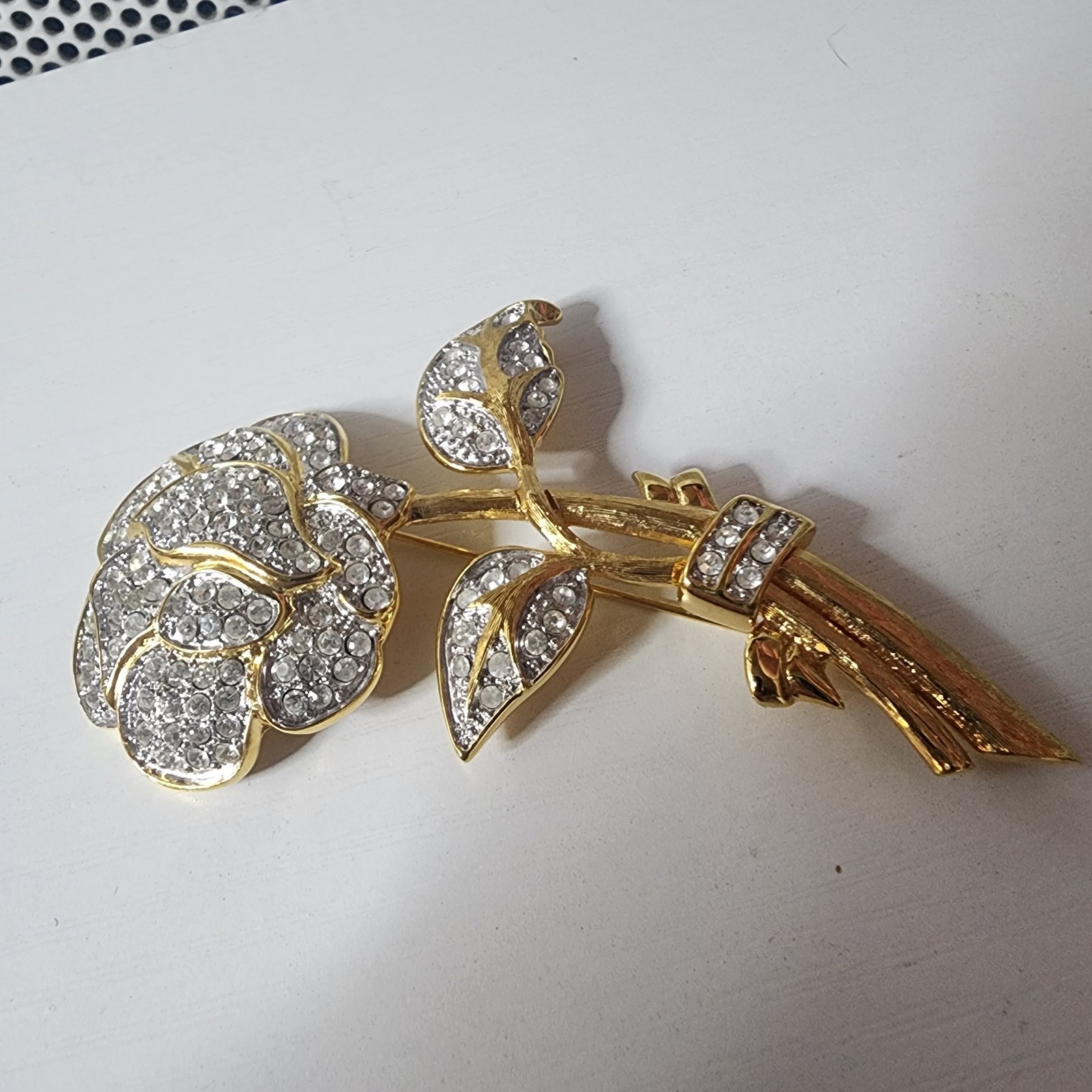 Vintage Nolan Miller Large Brooch Pin Pave Rose Flower Gold Tone & Rhinestones