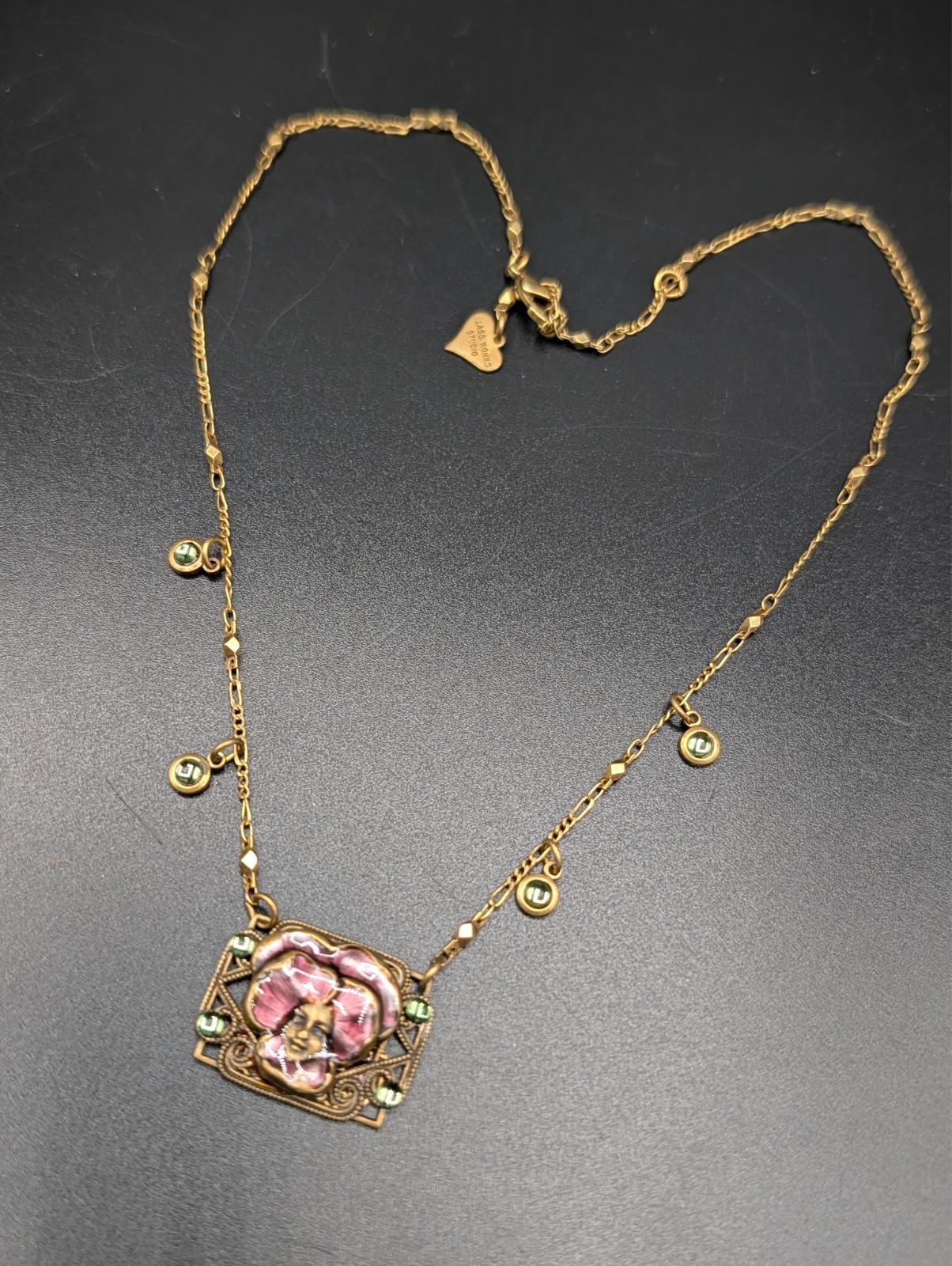 Vintage Glass Works Studio Art Nouveau Style Fairy Face Brass Finish Necklace