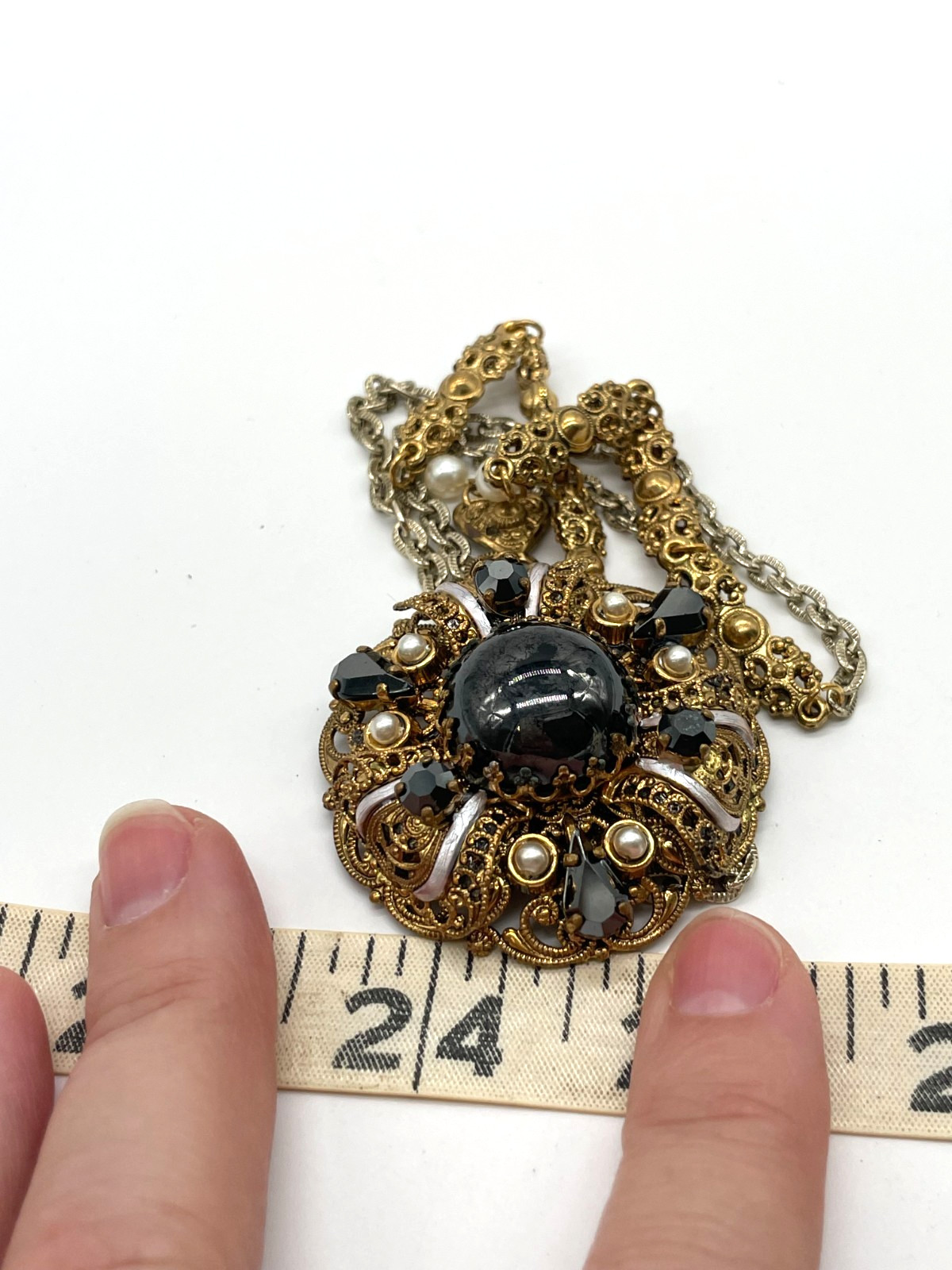 VTG W. Germany Ornate Hematite Glass Cabochon Gold tone brass filigree necklace