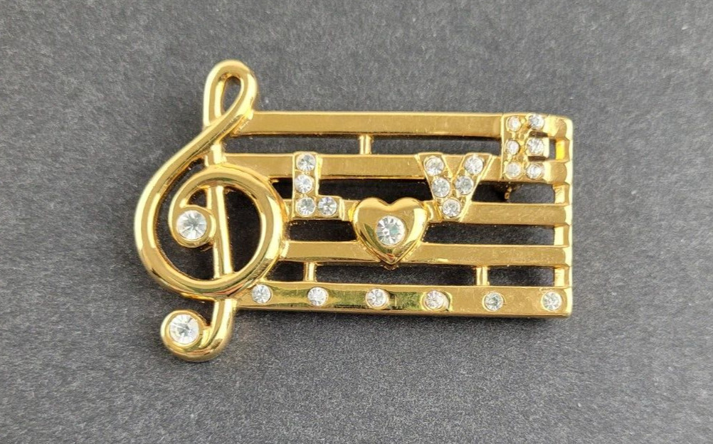 Musical Love Notes Gold Tone Rhinestone Brooch Signed Monet