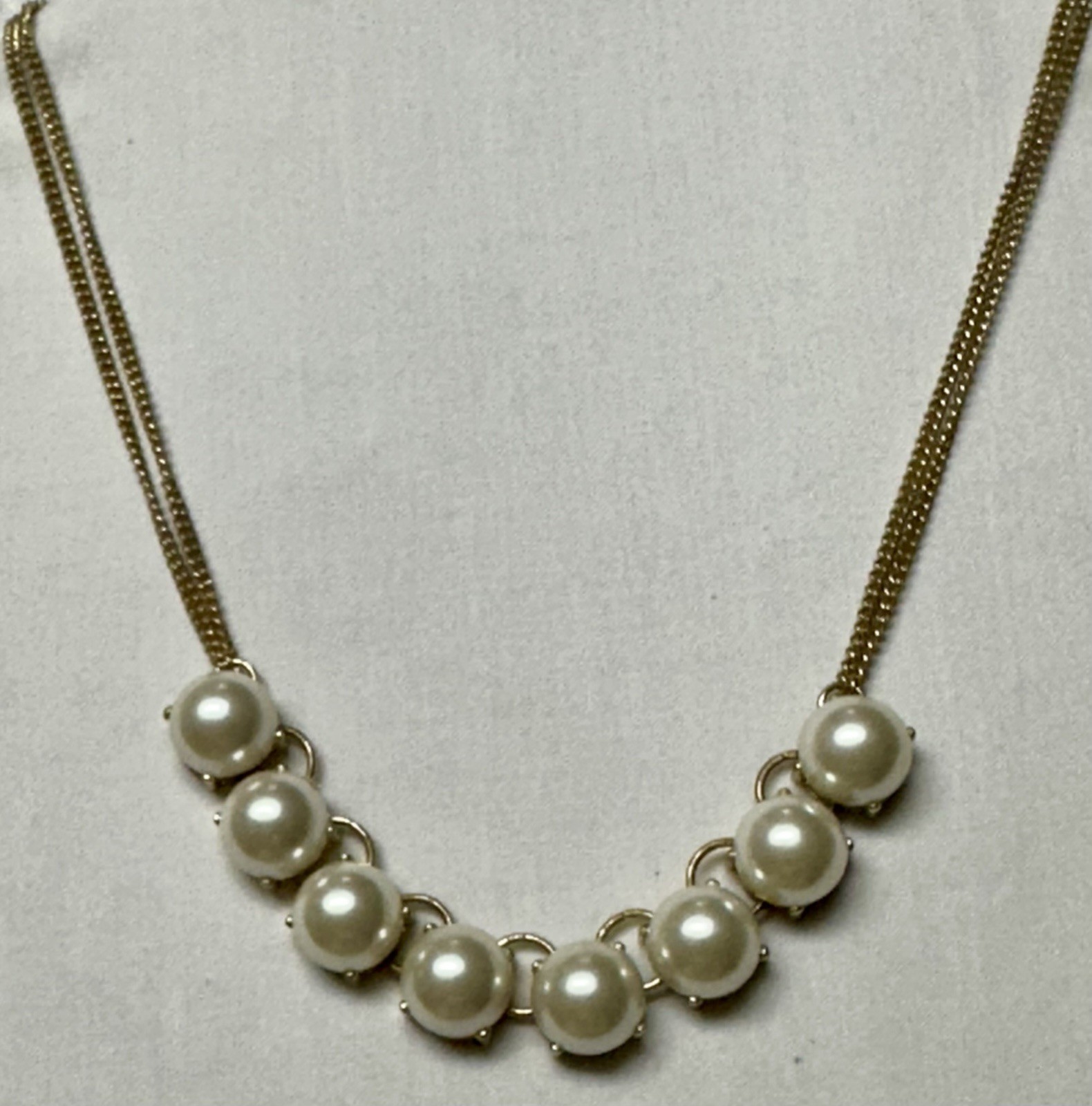 Faux Pearl Cabochon Gold Tone Double Chain Collar Necklace n0267