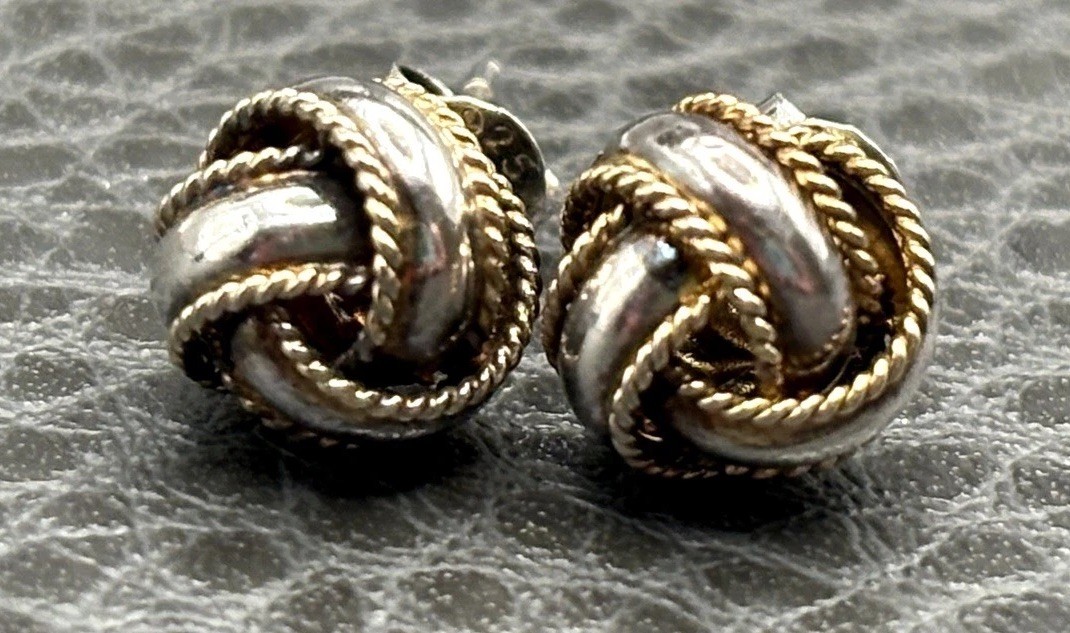 Vintage Two-Tone Sterling Silver 925 Twisted Rope Ball Love Knot 8.4MM Earrings