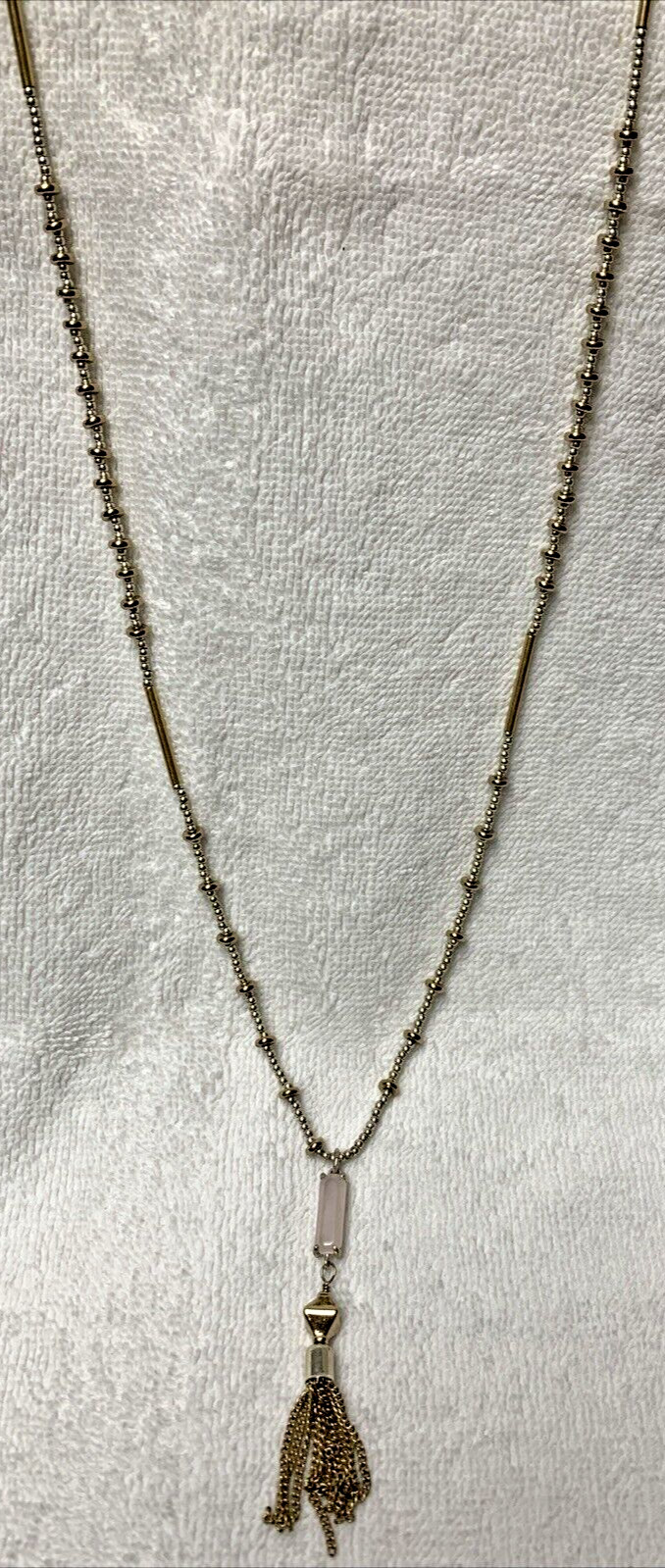Signed Stella & Dot Gold/Silver Tone Necklace Pink Cabochon Chain Tassel n129