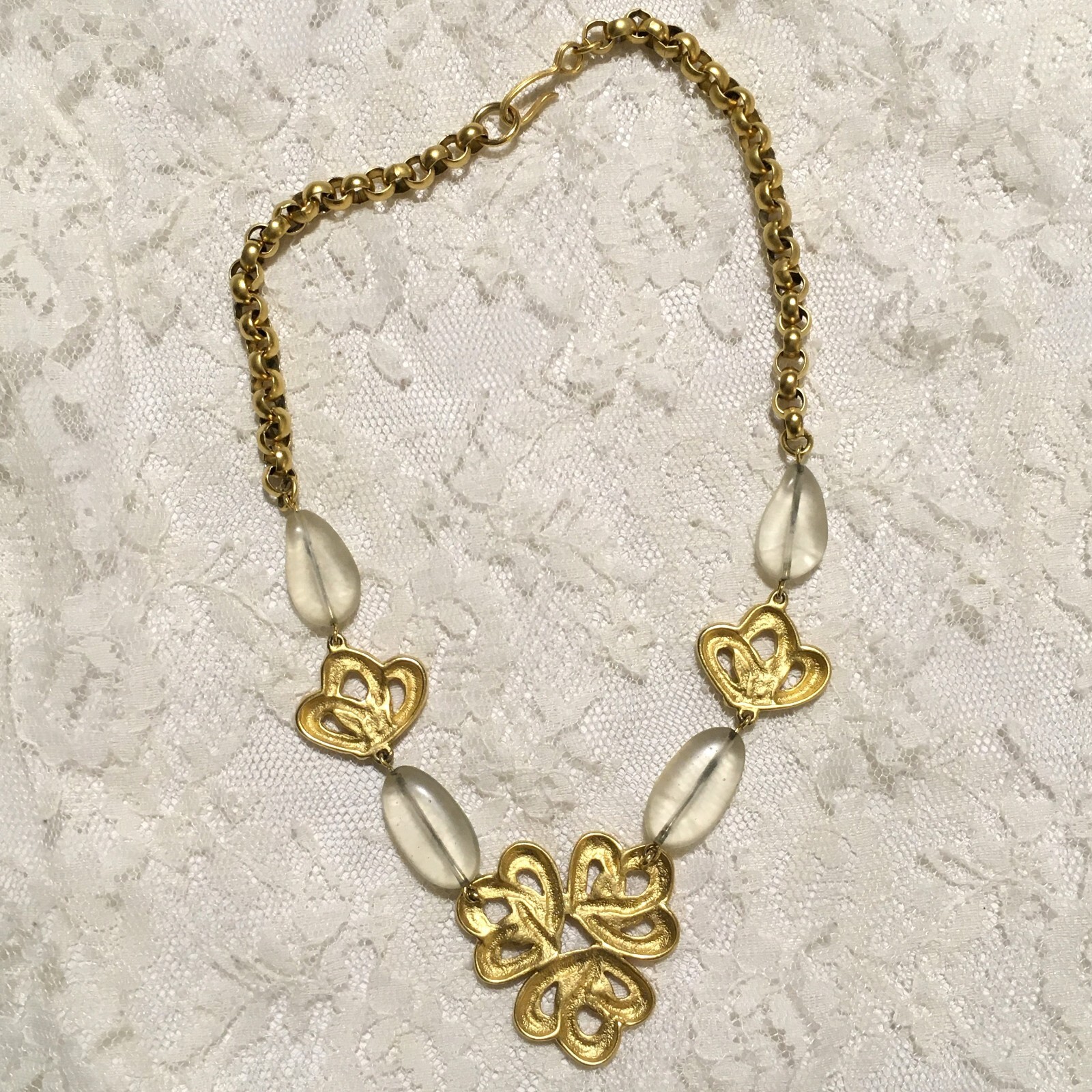 Gold Tone Clear Bead Statement Necklace Floral Open Design Round Links