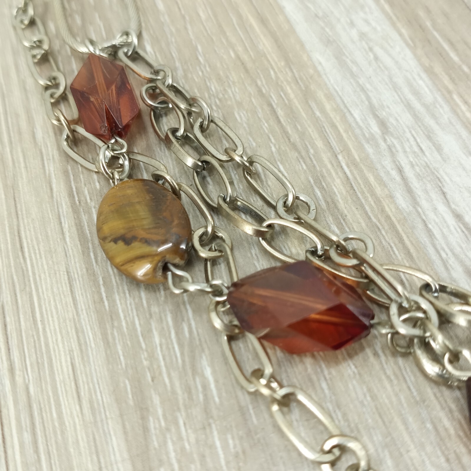 Vtg Necklace Tiger Eye Stones with Acrylic Beads Multi Strand Fashion Jewelry