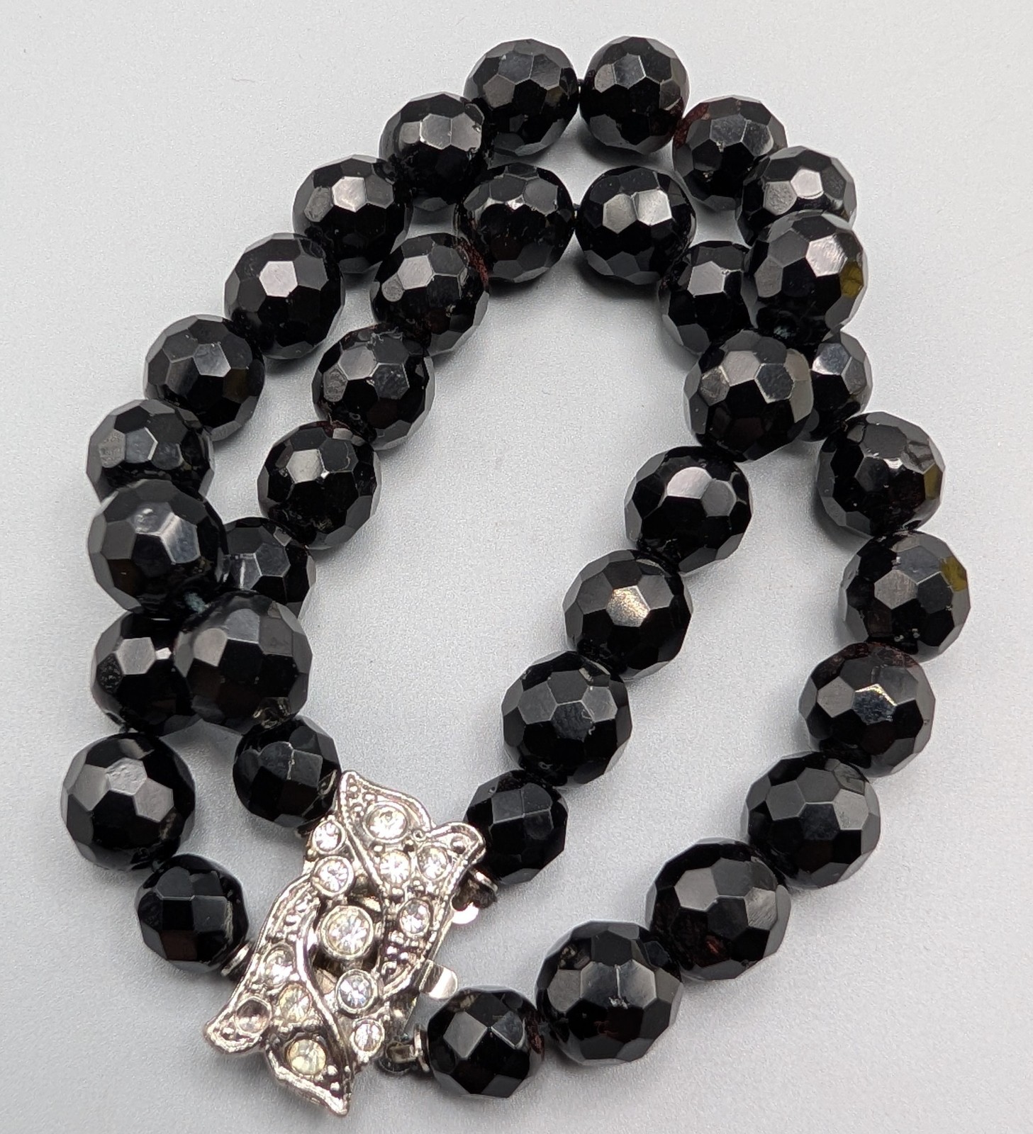 Vintage Black Glass Faceted 3 Strand Bracelet Rhinestone Box Clasp Stunning