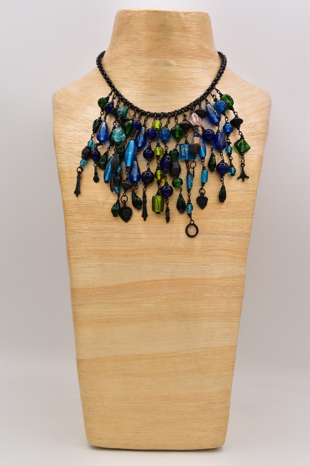 Vintage Glass Beaded Bib Collar Necklace Blue Green Fringe Gunmetal Chunky BinBQ