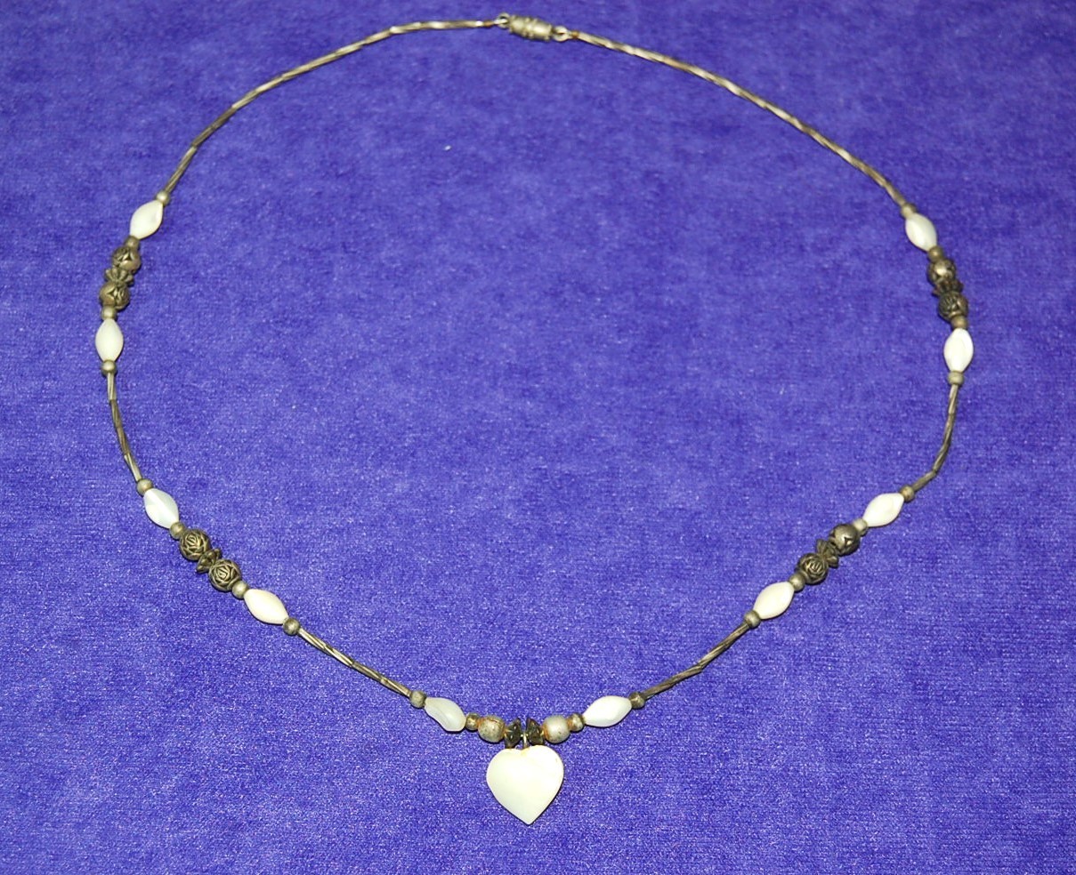 Vintage 20″ Long Necklace Looks Like Seashells and Shell Heart with Metal Beads