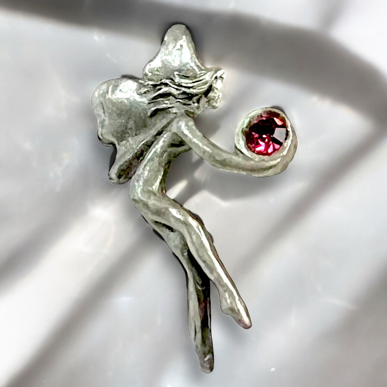 Crystal Fairy Pin Pewter Amethyst Crystal Signed Dated 90s Whimsical Vintage 1”