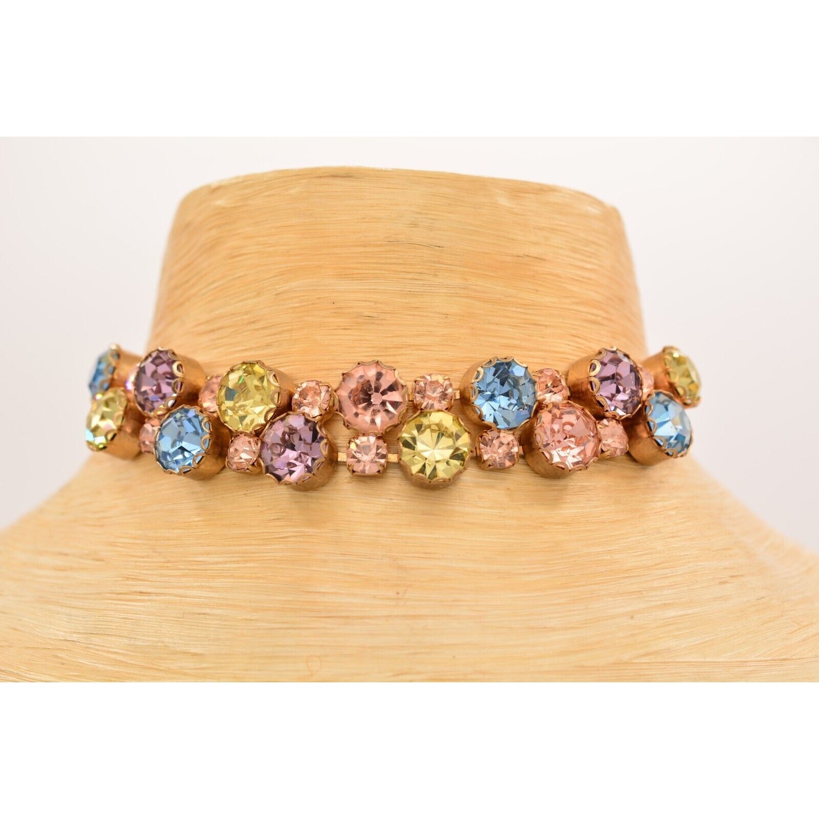 Vintage Crystal Choker Necklace Pastel Multi-Color Rhinestone Brulee 1950s BinT