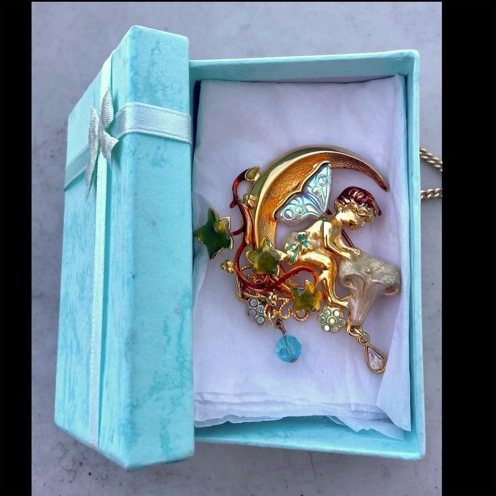 Vintage Kirks Folly Gold Fairy on Crescent Moon Dangle Brooch w/ Charms