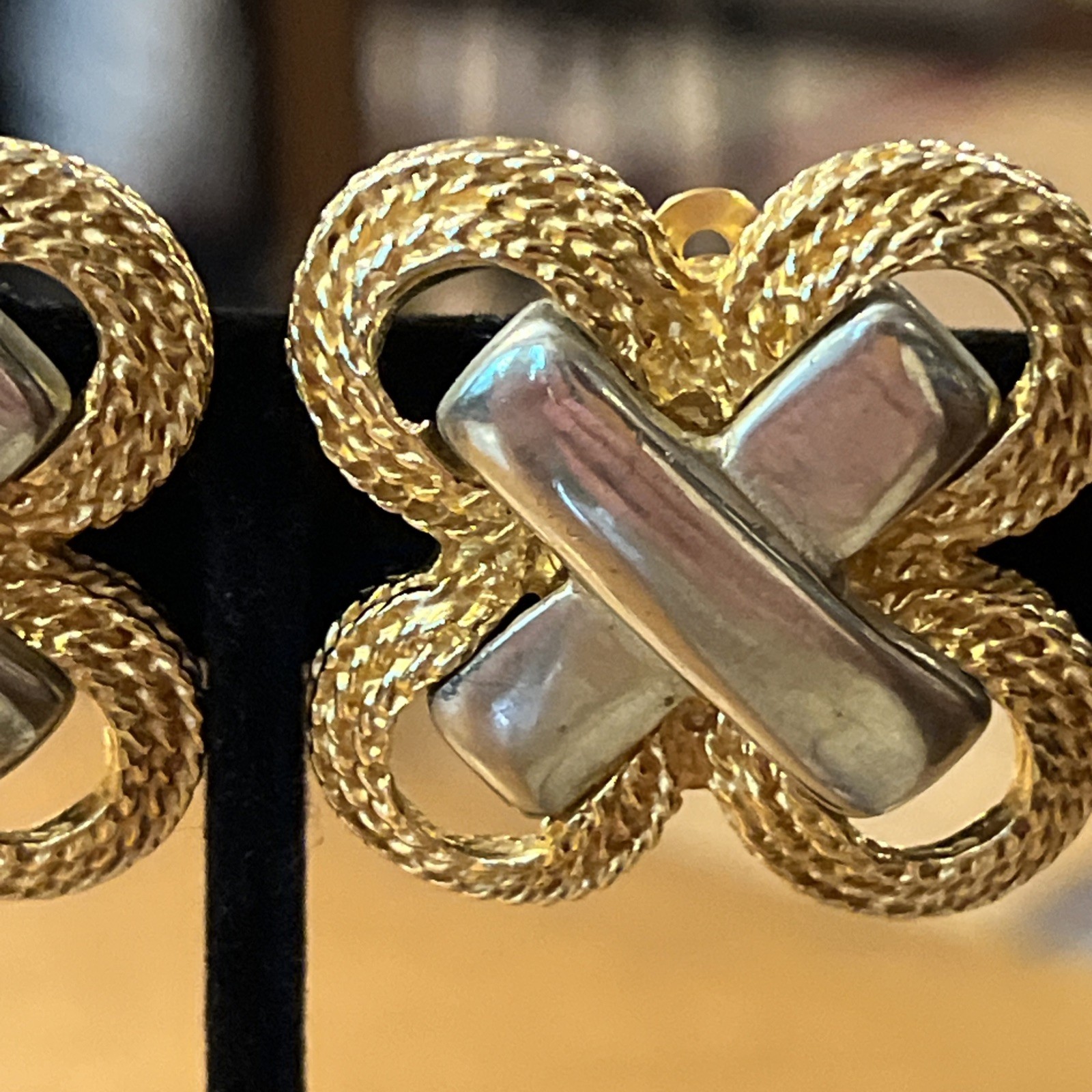 Vintage Gay Boyer Two Tone Gold Silver Braided Statement Clip On Earrings 1980s