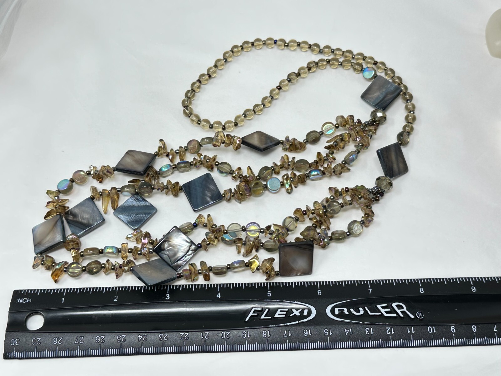 Gorgeous 3-Strand Gray Mother of Pearl and Iridescent Glass Bead 30″ Necklace