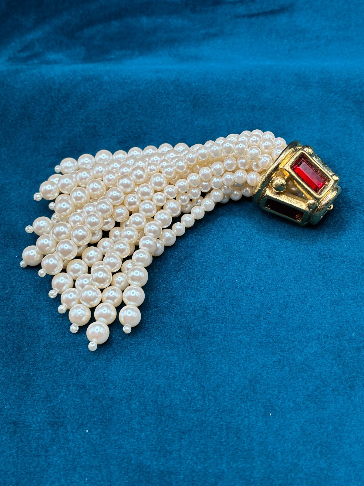 Vintage Givenchy Tassel Faux Pearl Gold Tone Red Glass Accent Part Only READ