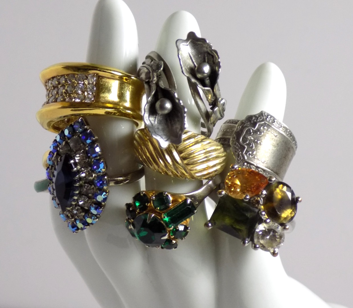 Vintage Costume Rings Lot Rhinestones Avon Monet Silverplated CZ Bands Floral
