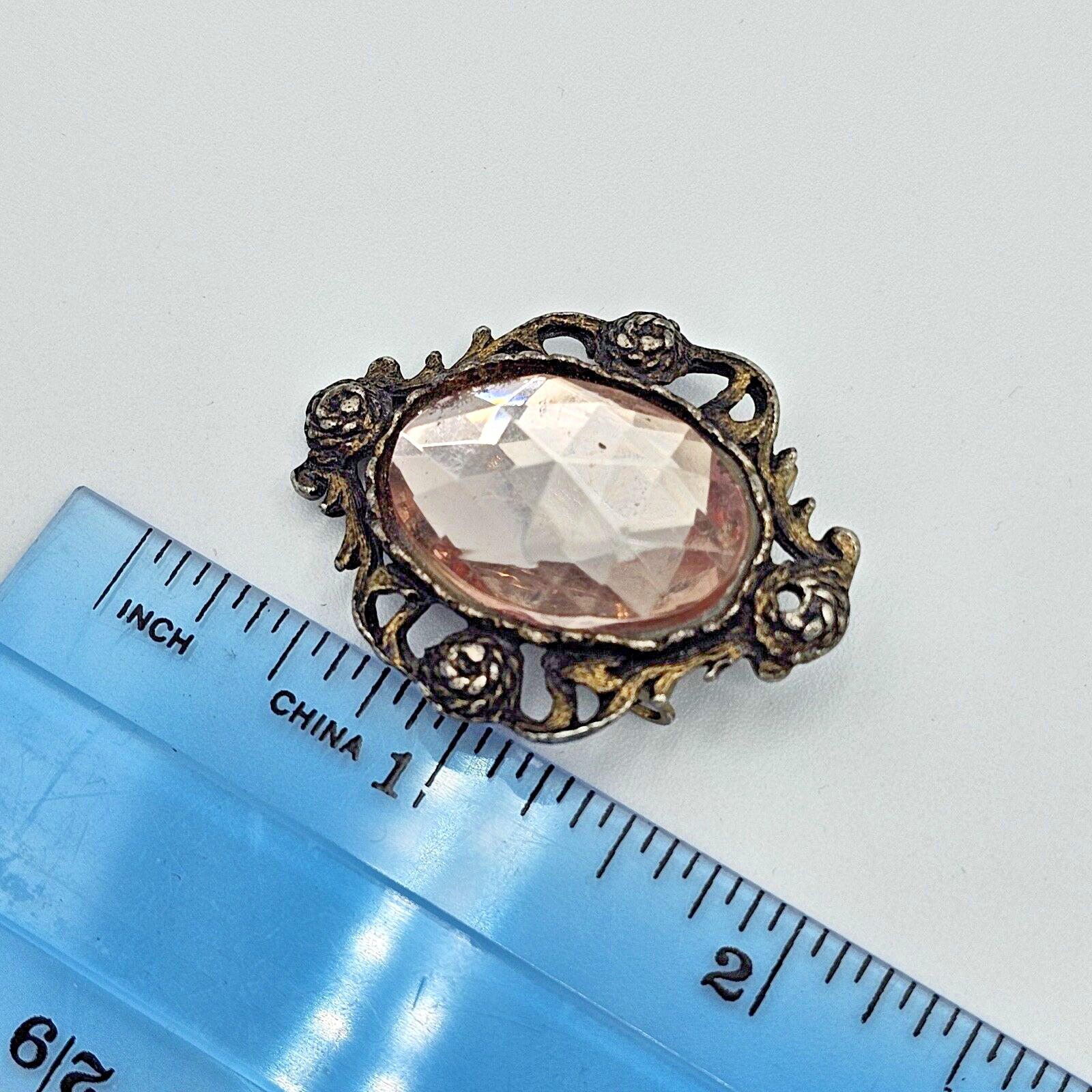 Victorian Faceted Gem Brooch Pendant Vintage Pale Pink Rope Flowers Estate Pin
