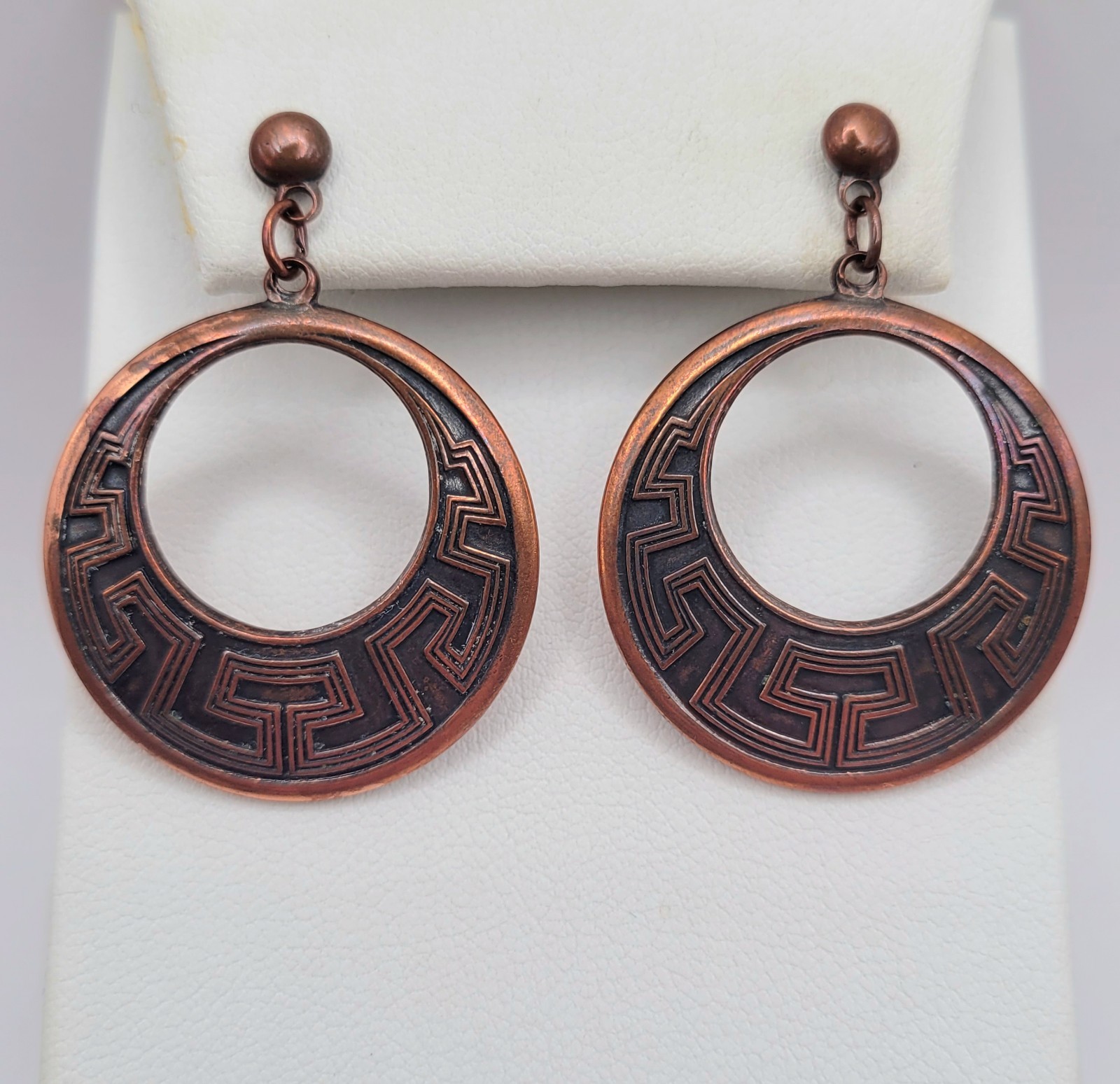 Vintage Sunbell Circle Copper Color Metal Dangle Drop Hoop Earrings Southwest