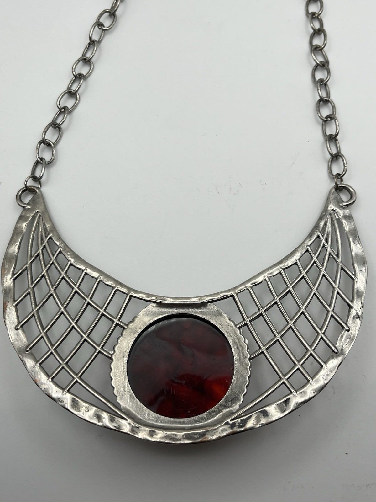Brutalist Necklace Art Nouveau Inspired Hammered Lattice Bib Swirl Cabochon MCM