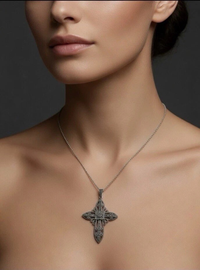 Vintage 925 Sterling Silver Marcasite Cross Pendant Gothic Victorian Style
