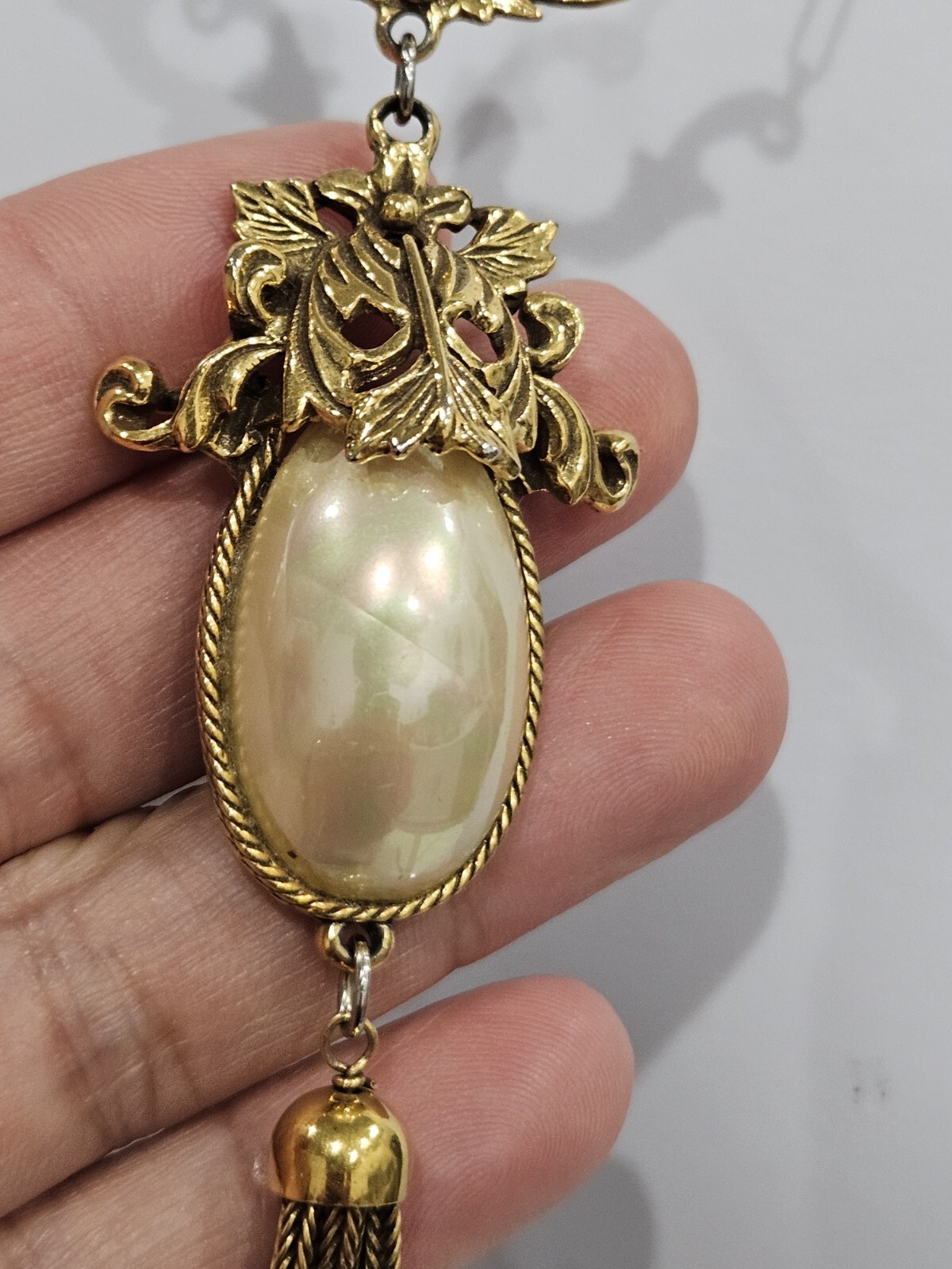 Vintage Goldette White Faux Pearl Dangle Fringe Victorian Revival Necklace 60’s