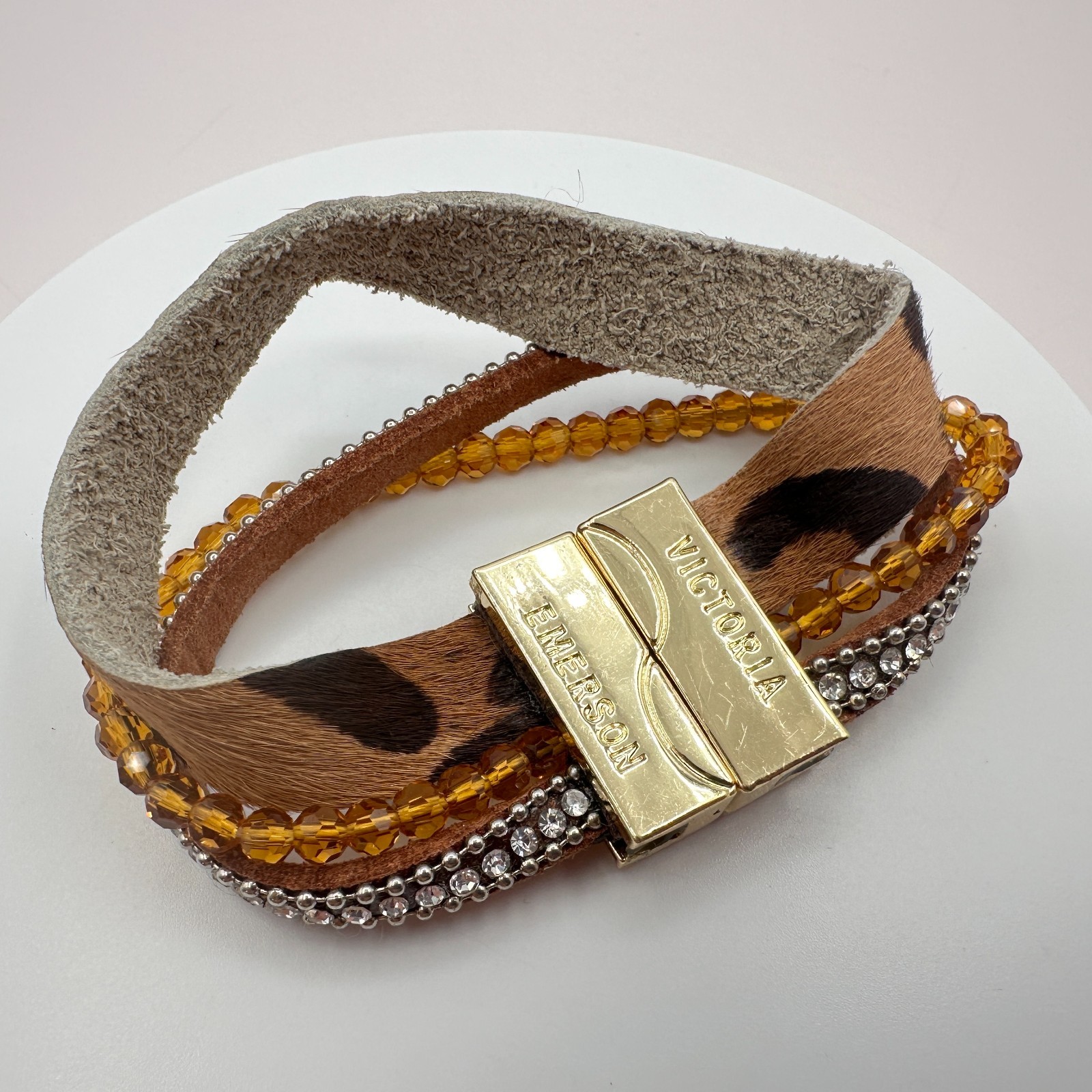 Victoria Emerson Gold Tone Multi Strand Wrap Bracelet Leopard Hair Calf Crystal