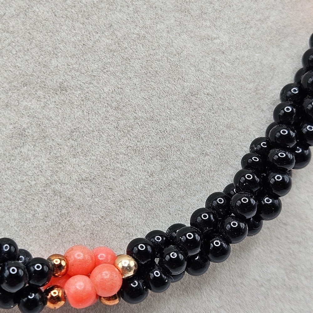 VINTAGE Black Onyx and Coral Twisted Multi-Strand Beaded Necklace Barrel Twist