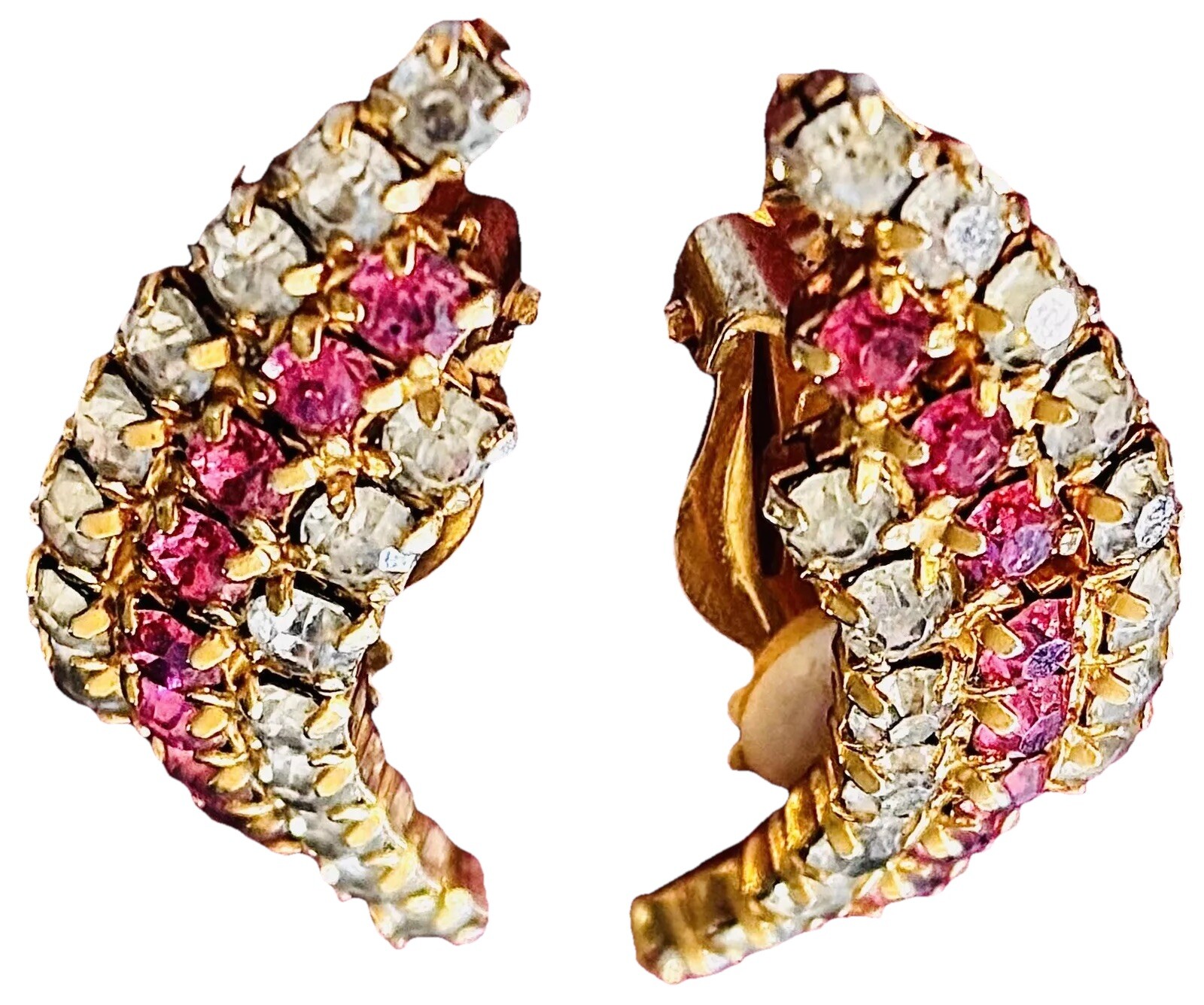 Rare La Roco Vintage Earrings Signature Pink White Rhinestones Gold Tone Clips