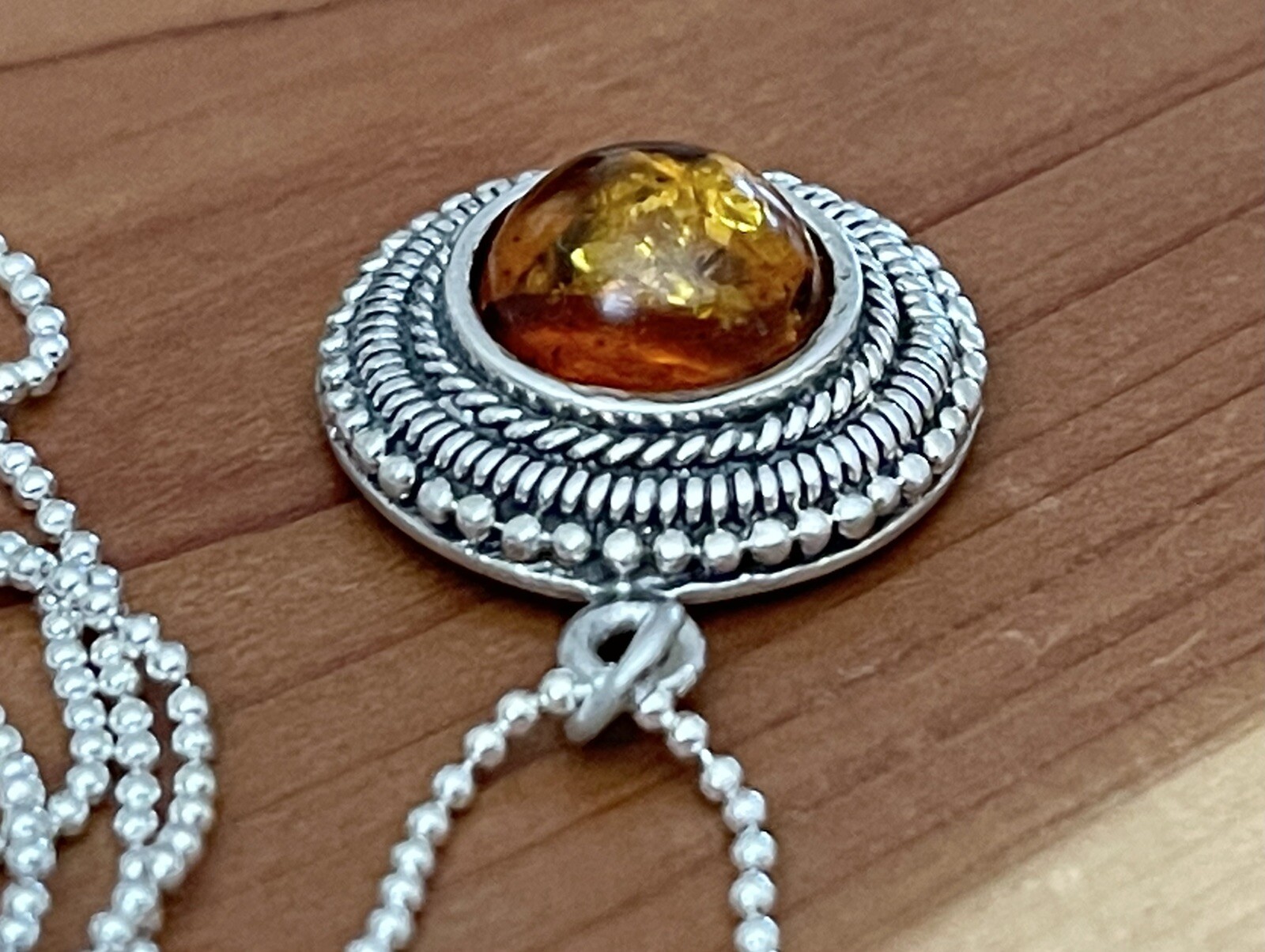 Vintage 925 Sterling Bali Beads, Honey Amber Round Pendant Necklace 16”-17.5” in