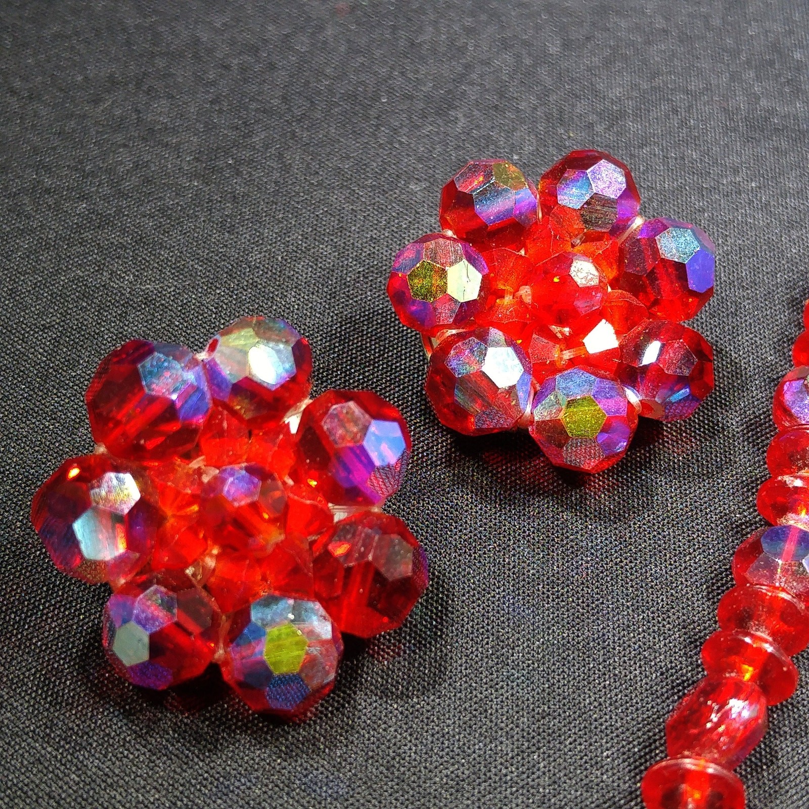 Vintage Czech Red Glass AB 3 Strand Necklace Earrings Set 1950s