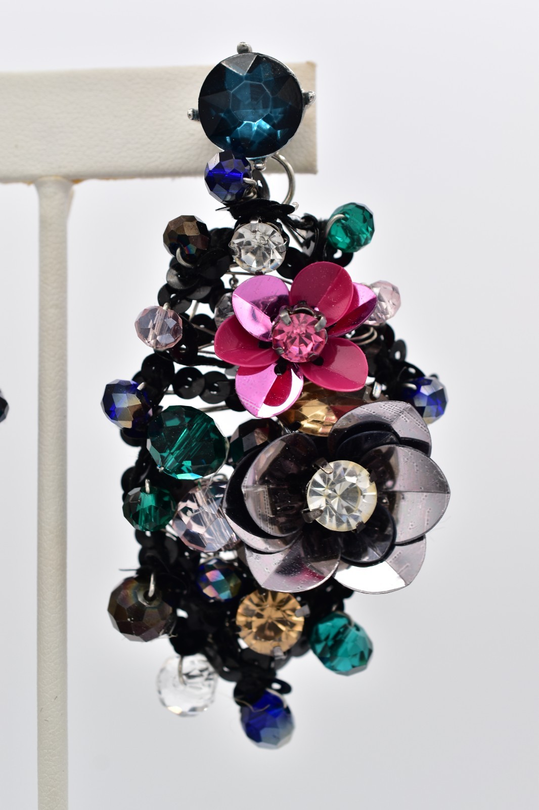 Vintage Sequin Flower Drop Dangle Earrings Rhinestone Chunky Statement Y2K BinAY