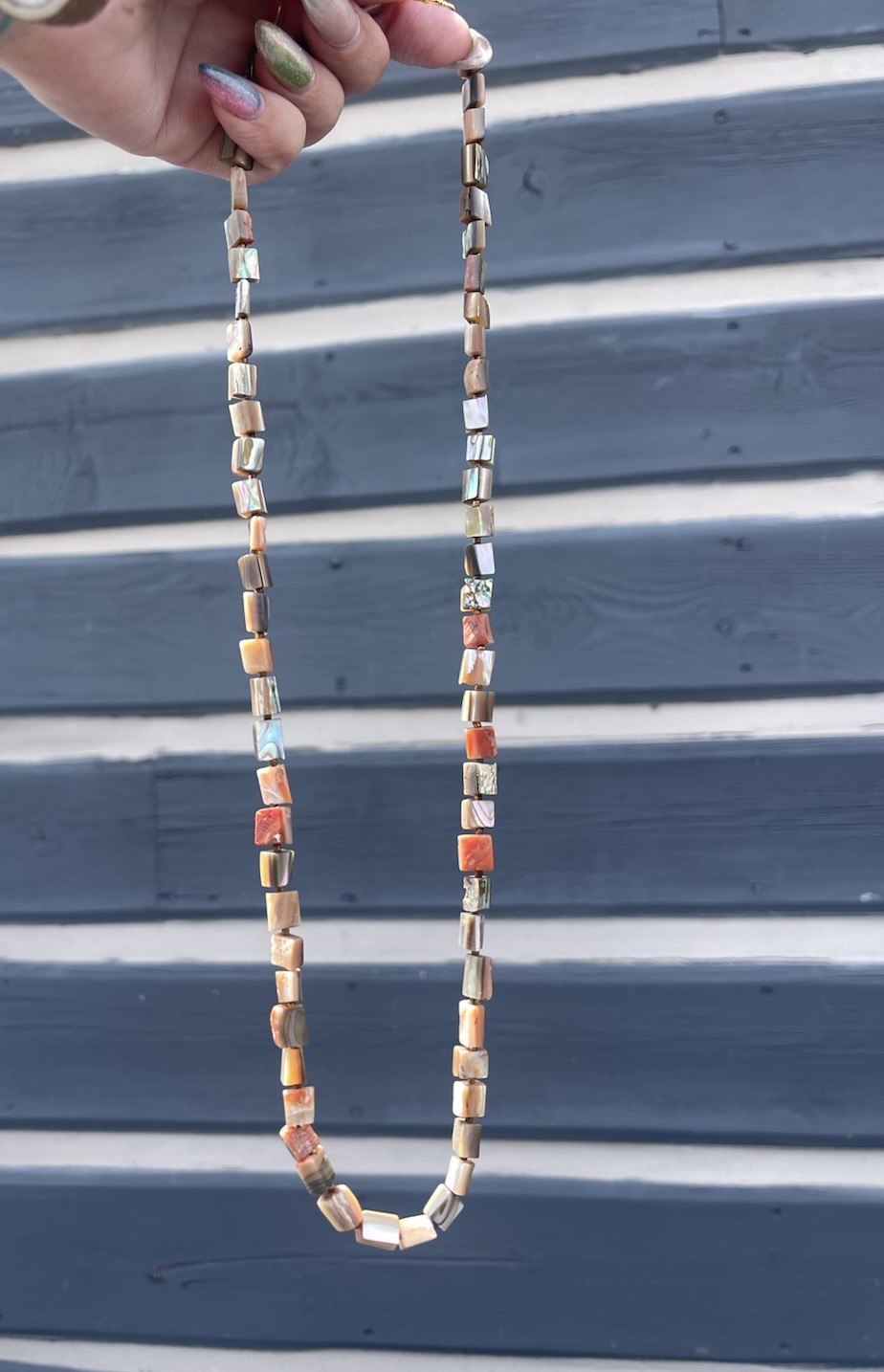 Vintage Abalone & Mother Of Pearl Shell Bead Necklace 27” Iridescent Boho Earthy