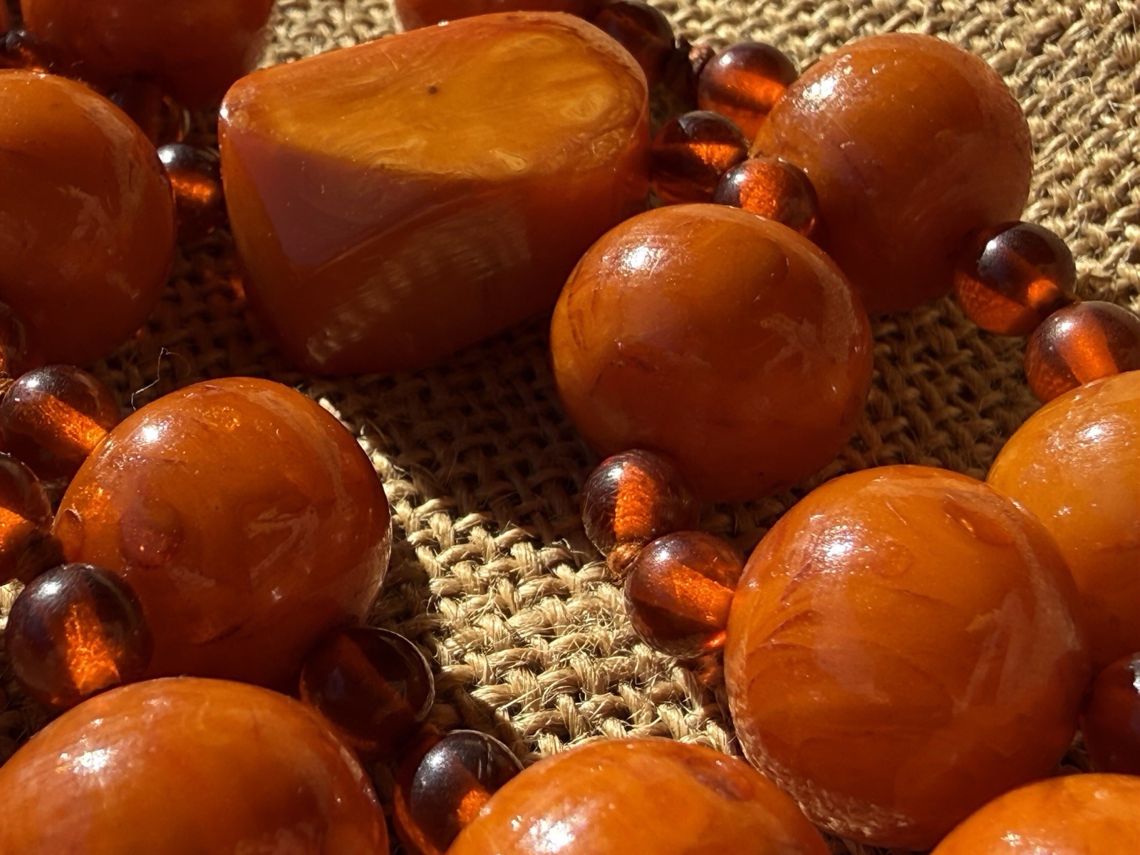 Vintage 100g Cherry Orange Catalin Bakelite Art Deco Mixed Bead Necklace 31”