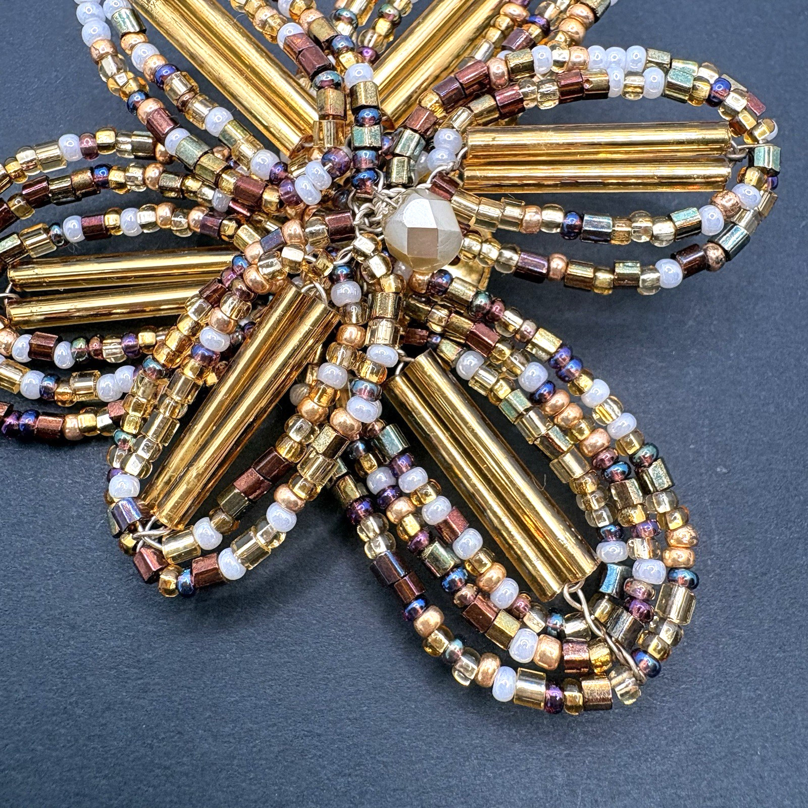 Vintage Joan Rivers Flower Floral Gold Brown White Glass Beaded Brooch Pin 2.5″