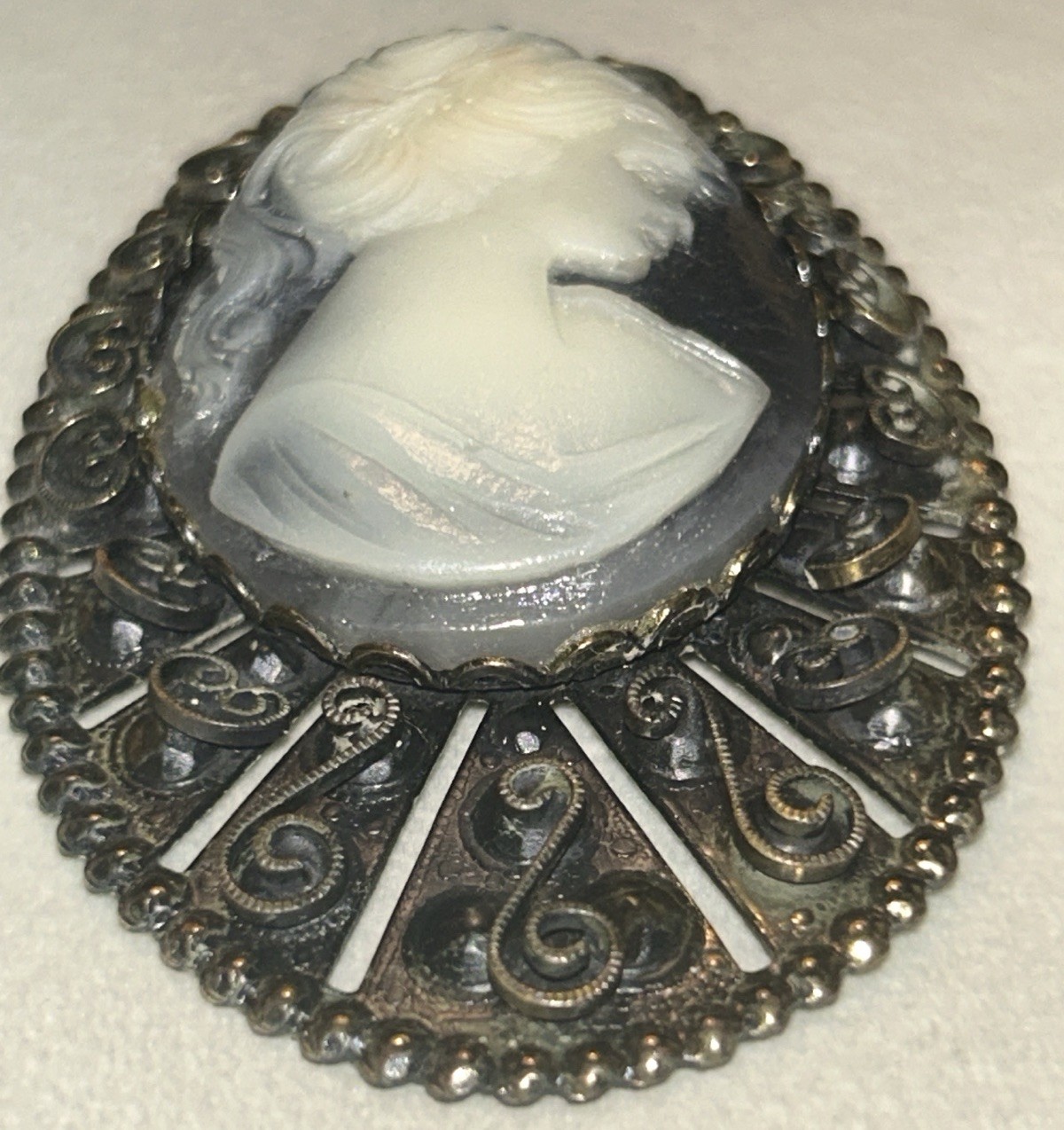 Vintage Cameo Brooch Black & White Lady Filigree Frame 2.75” Statement 1960 Gold
