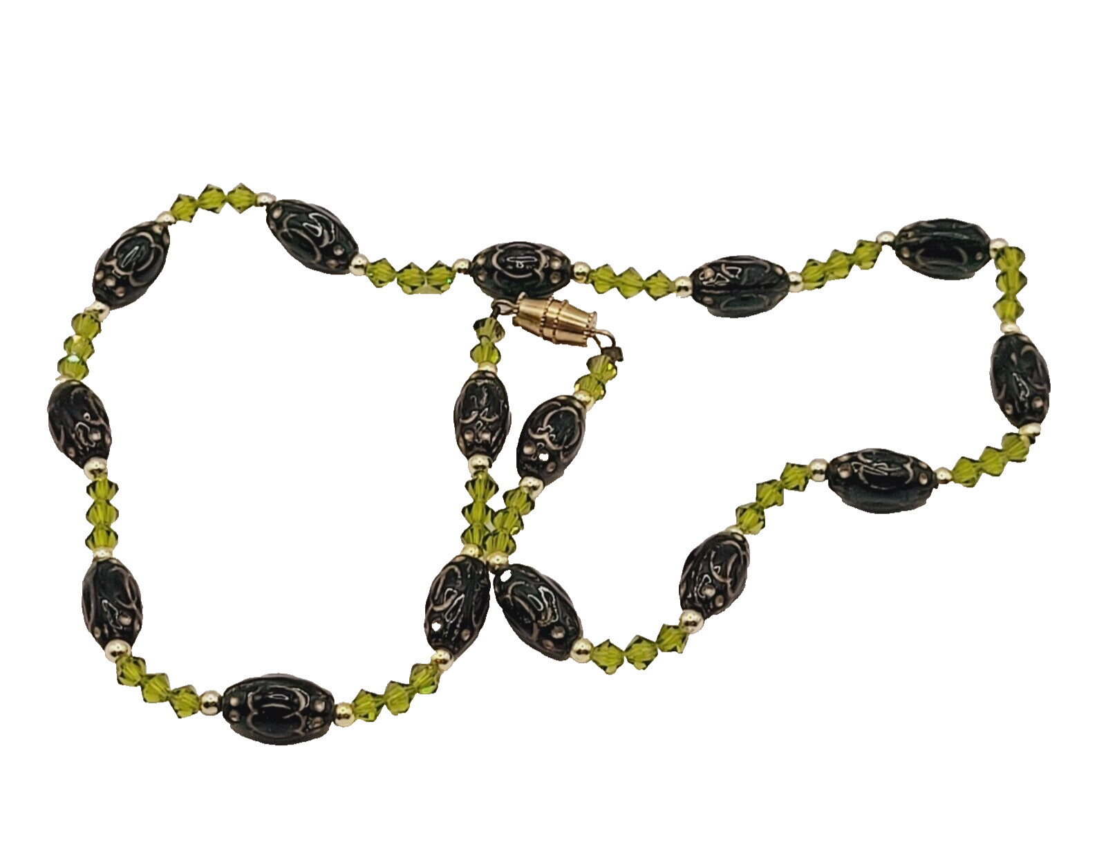 Green Art Glass Crystal Vintage Necklace Light & Dark Green Shades Gilded Beads
