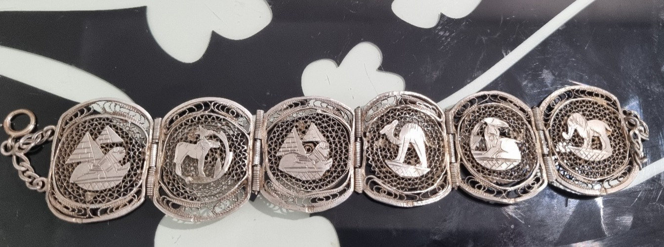 Vintage 12k White Gold Fill Sterling Egyptian Theme Filigree Bracelet See Video