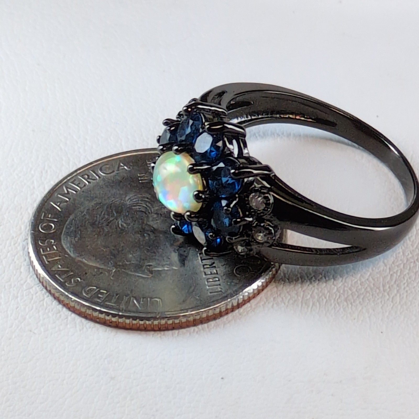 Goth Black Gunsmoke 925Sterling Silver Lab-Created Opal Blue Sapphires CZ Ring