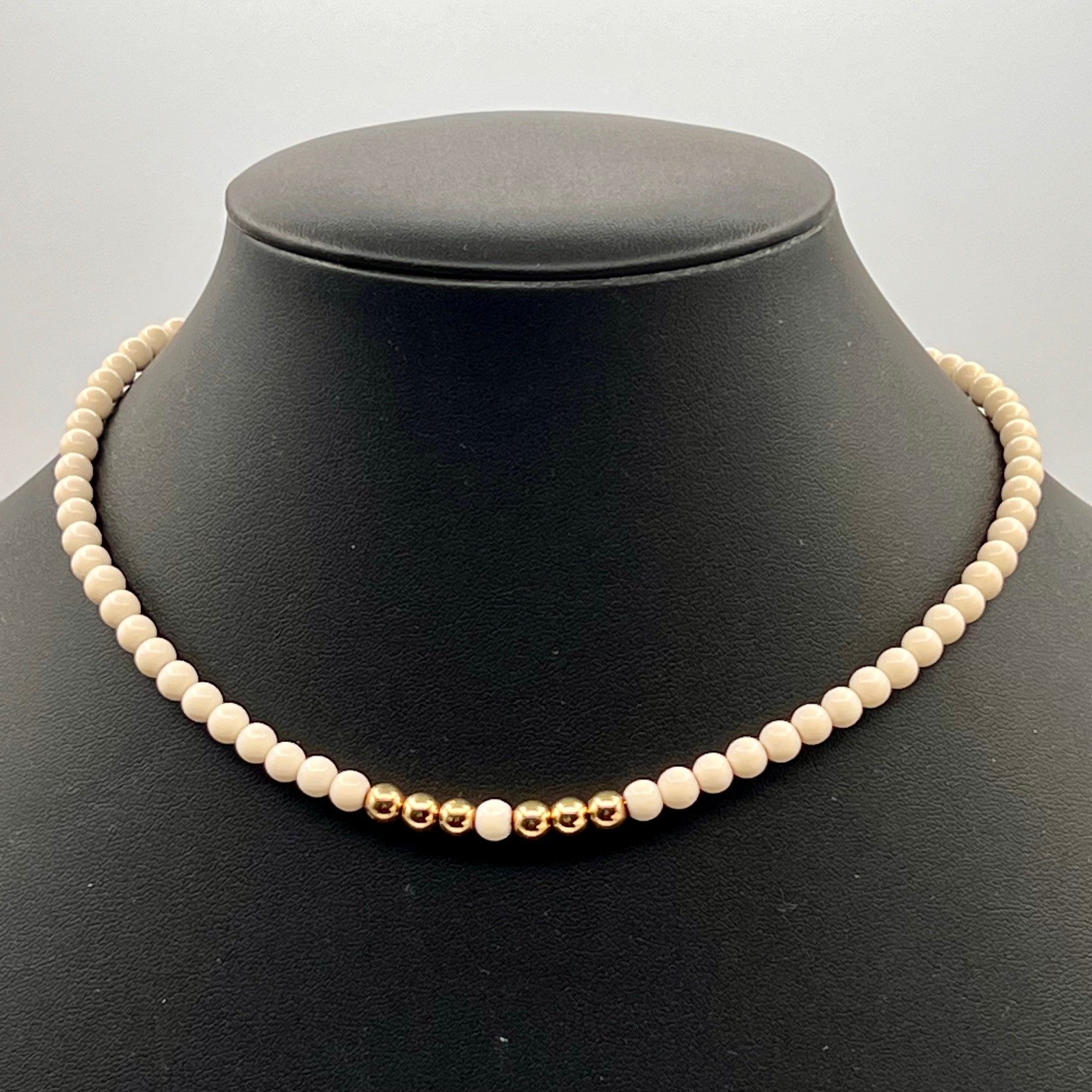 Vintage Monet Ivory Cream & Gold Tone Beaded Necklace Signed Classic Jewelry