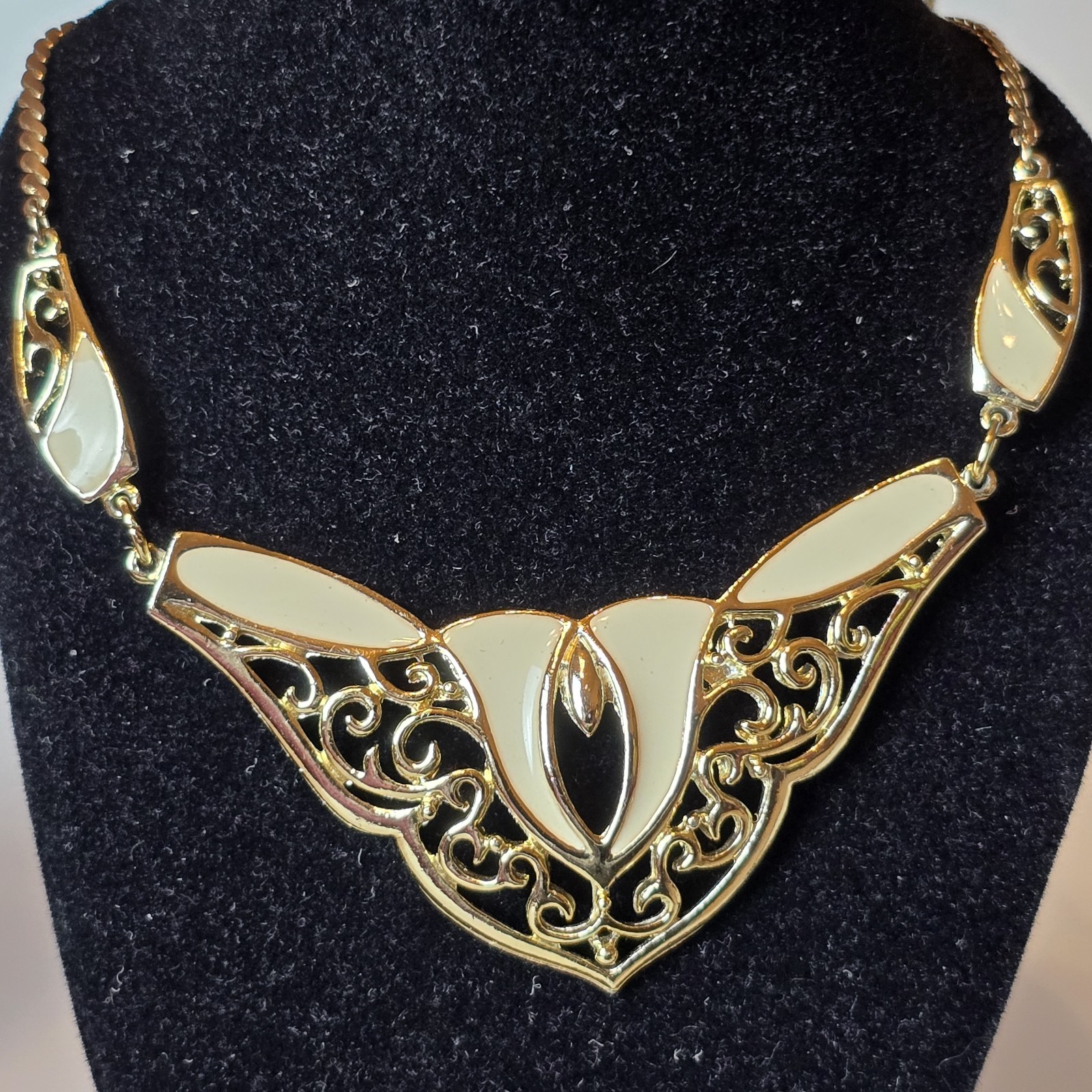 Vintage DeMilo Ivory Enamel Filigree Bib Necklace Statement Collar Art Nouveau