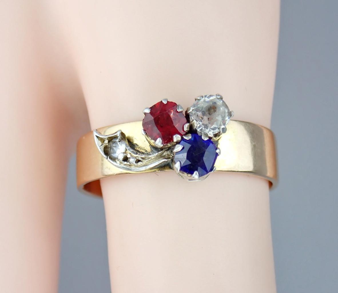 Charming Antique Victorian 14K Rose Gold Red White Blue Paste Floral Ring Size 8