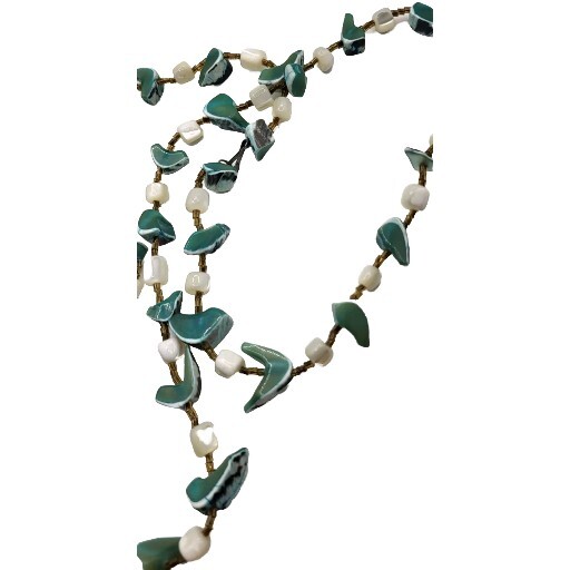 Mother Of Pearl Artisan Green Blue Shell White Vintage Necklace Hook Clasp Long