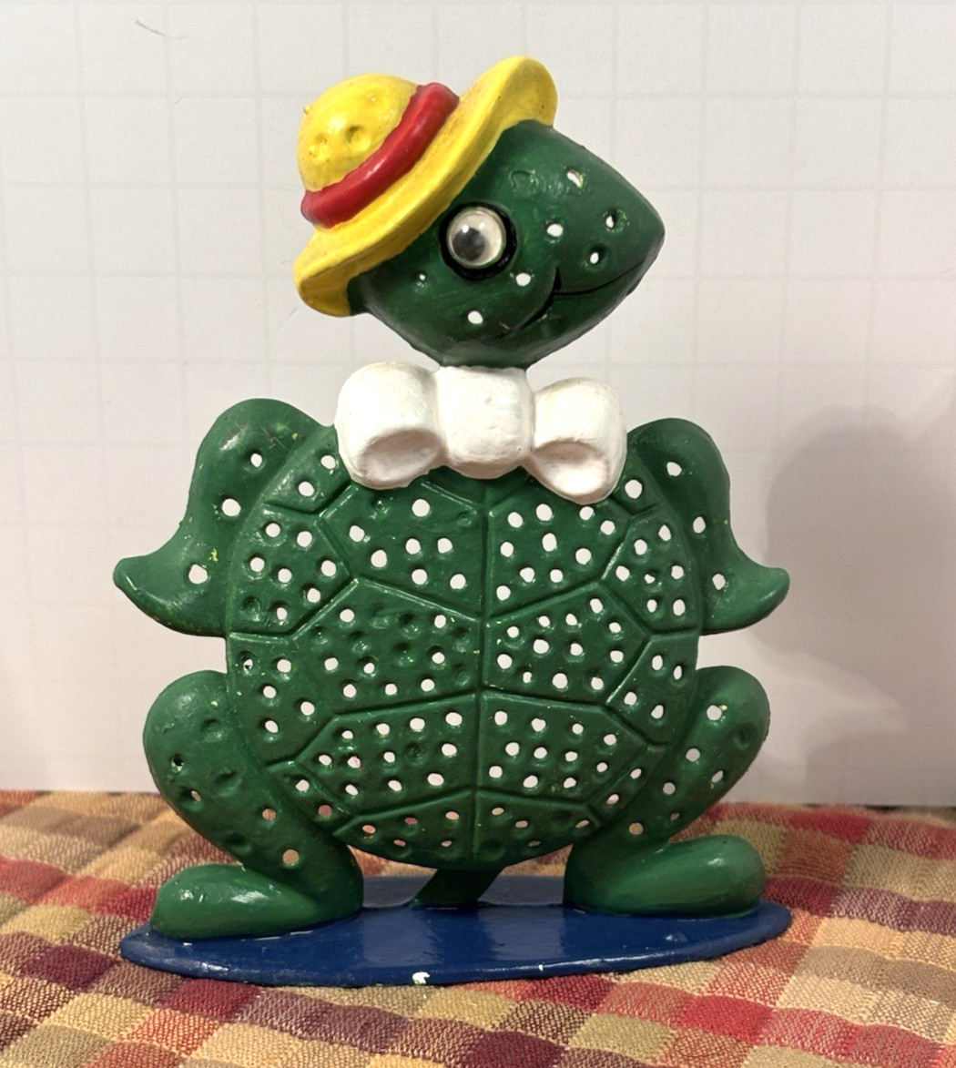 Vintage Revere USA Green 4.5” Cast Iron Turtle Earring Holder Display Googly Eye