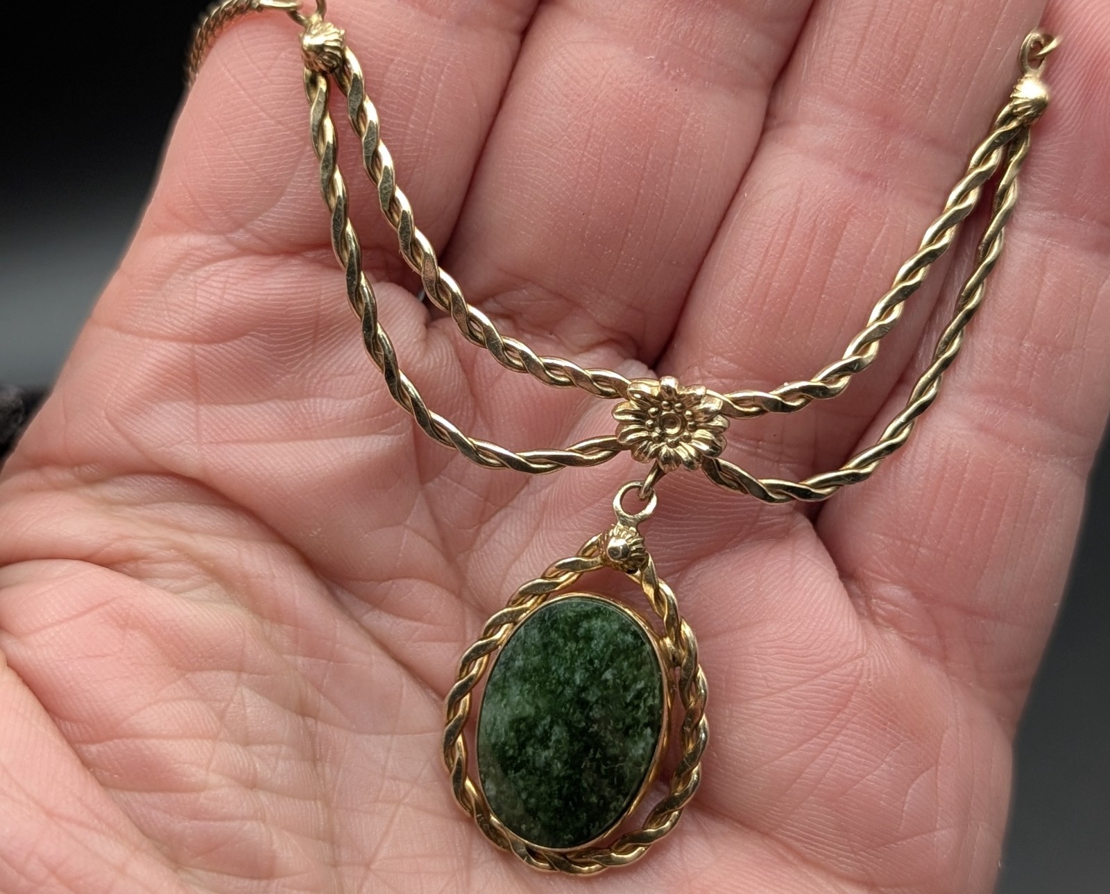 Antique R.F. Simmons 12K Gold Fill Nephrite Jade Festoon Necklace Edwardian Styl