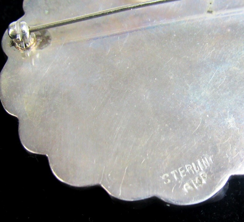Vintage Amy Kahn Russell Frosted Glass Sterling Silver Flower Brooch Pin Pendant