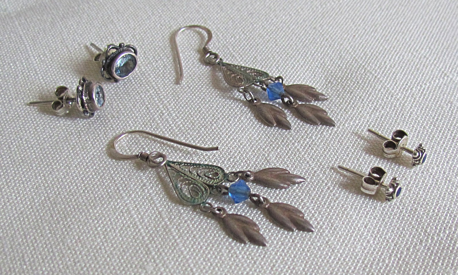 3 Pair Vtg Blue Stone Bead & Sterling Silver Stud Post & Dangle Drop Earrings