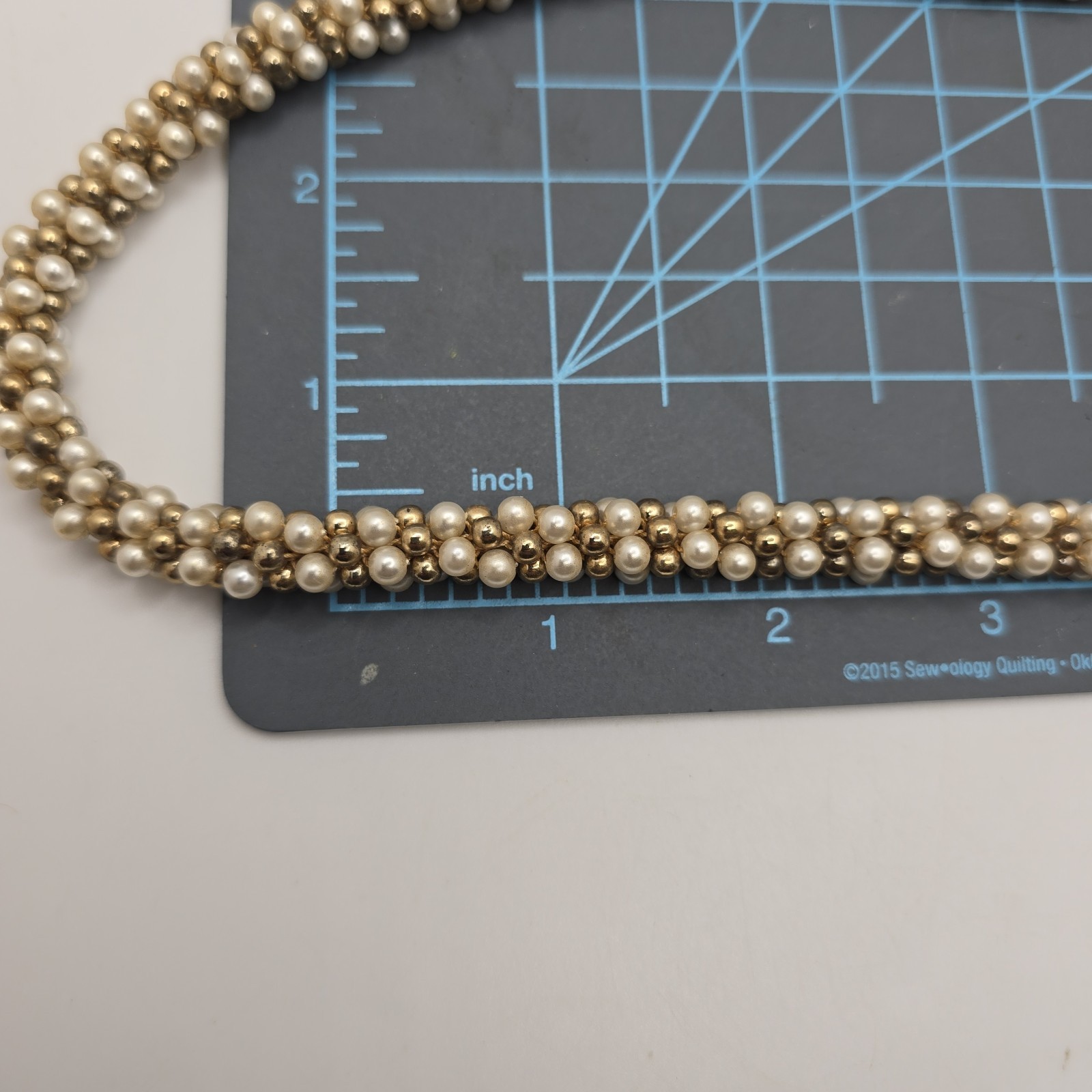Vintage White Champagne Gold Tone Beaded Rope Necklace Long 30″ Single Double