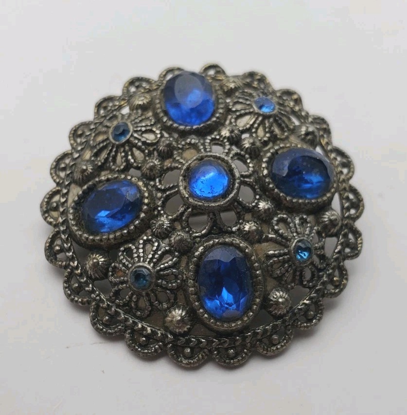 New England Glass Works Vintage Blue Brooch Art Deco Pin Blue Rhinestones 1.5″