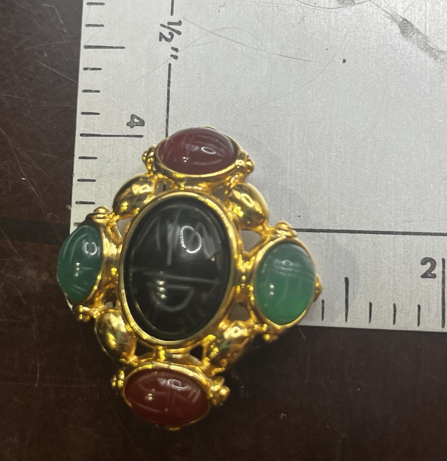 VTG. EGYPTIAN Style multicolor Carved SCARAB Glass Stone GoldTone BROOCH PENDANT